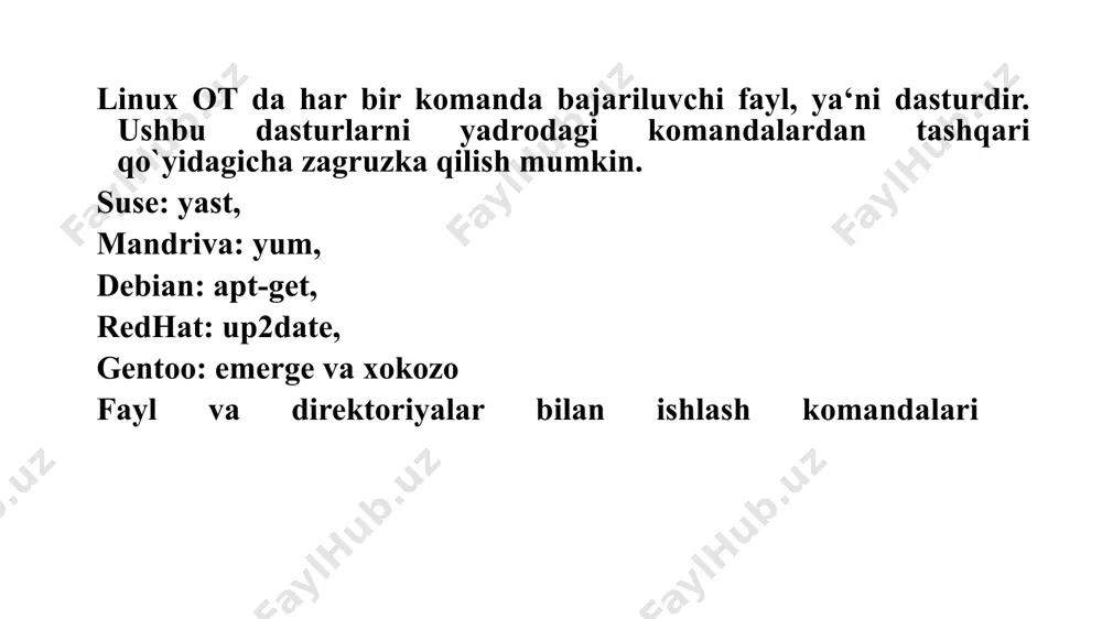 tc - sozlanmalar katalogi /lib - tizim ma’lumotlari /home - foydalanuvchilar asosiy katalogi /usr - dasturlarni joylash katalogi /var - dasturlar haqida ma’lumot saqlanadigan katalog /temp -vaqtinchalik ma’lumot yoki yuklovchi fayl saqlanadigan katalog /var/temp - vaqtinchalik dasturlarni yuklovchi fayl saqlanadigan katalog /proc - ot ning fayl interfeysi joylashgan katalog /opt - huddi ''program files'' /mnt - tarmoqning mount qilinadigan fayl sistemasi joylashgan katalogi /boot - yuklovchi va yadro joylashgan katalog /sys - qurilma interfeysi katalogi /srv - web sayt va ftp yuklanadigan katalog linux muxitida redaktorlar bilan ishlash: linux operatsion tizimida barcha fayllar matn muharirlari yordamida yaratiladi. bunda ularning imkoniyatlariga qarab turli redaktorlardan foydalaninsh mumkin. hozirgi kunda linux operatsion tizimida vi, vim, emacs, nano kabi redaktorlardan ko‘p foydalanib kelinmoqda, ulardan quyidagilarni tasnifi keltirilgan.: vi (visual interface) —bill joy tomonidan 1976 yilda yaratilgan. shu kungacha ushbu redaktorning ko‘plab klonlari yaratilgan. shu kungacha ushbu redaktorning ko‘plab klonlari yaratilgan bo‘lib, ular vi linux …