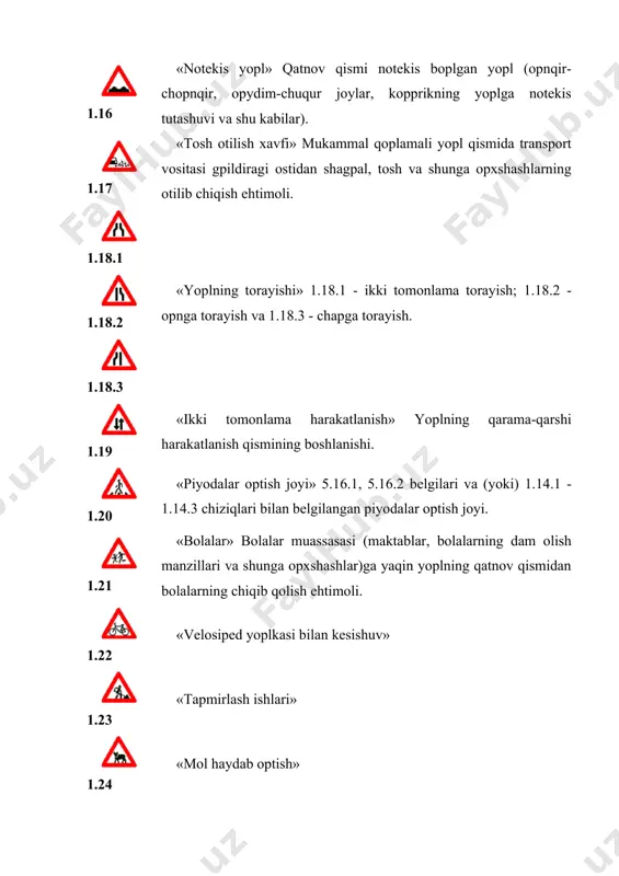 a, ularning oldida tegishli belgilar o`rnatilmagan bo`lsa, bu belgining ta`siri bo`lmaydi. aholi yashaydigan joylarga etmay o`rnatilgan 3.24 belgining ta`siri 5.22 belgisigacha kuchini saqlaydi. belgilarning ta`sir doirasi: 3.16 va 3.26 belgilari 7.2.1 qo`shimcha belgisi orqali 3.20, 3.22, 3.24, belgilari 3.21, 3.23, 3.25 va 7.2.1 qo`shimcha belgi orqali. 3.27 – 3.30 belgilarining amal qilish oralig`i 3.27 – 3.30 belgilari 7.2.3 qo`shimcha belgisi bilan birga taqiqlovchi belgilar yopl harakatiga maplum cheklanishlar kiritish yoki ularni bekor qilish uchun qopllaniladi. 2.3-rasm. 2.3-jadval. 3.1 «kirish taqiqlangan» barcha transport vositalarining kirishi taqiqlangan 3.2 «harakatlanish taqiqlangan» barcha transport vositalarining harakatlanishi taqiqlanadi. 3.3 «mexanik transport vositalarining harakatlanishi taqiqlangan» 3.4 «yuk avtomobillarining harakatlanishi taqiqlangan» topla vazni 3.5 tonnadan (agar vazni belgida koprsatilmagan boplsa) yoki topla vazni belgida koprsatilganda ortiq boplgan yuk avtomobillari va transport vositalari tizimlarining, shuningdek, traktorlar, opziyurar moslamalarning harakatlanishi taqiqlanadi. bu belgi bortlariga qiya oq chiziq tortilgan yoki odamlarni tashiyotgan yuk avtomobillarining harakatlanishini taqiqlamaydi. 3.5 «mototsikllar harakatlanishi taqiqlangan» …