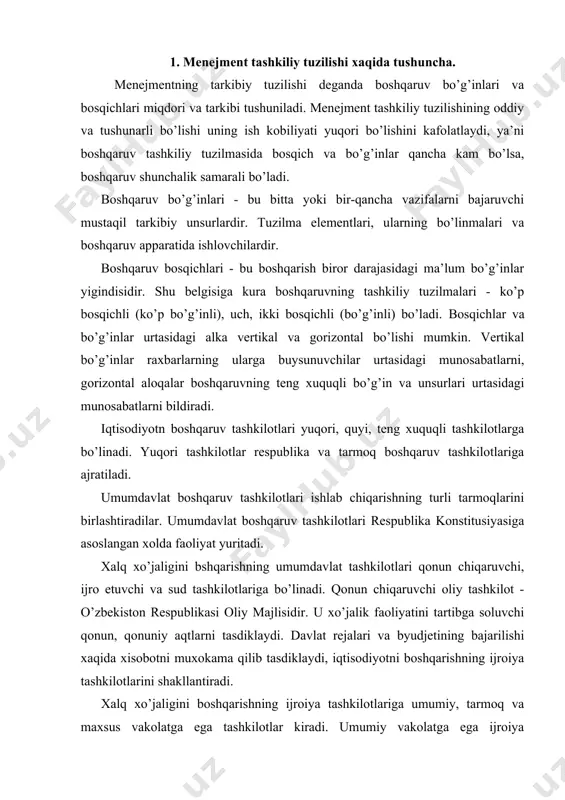 iqtisodiyotni boshqarishning ijroiya tashkilotlarini shakllantiradi. xalq xo’jaligini boshqarishning ijroiya tashkilotlariga umumiy, tarmoq va maxsus vakolatga ega tashkilotlar kiradi. umumiy vakolatga ega ijroiya tashkilotlariga o’zbekiston respublikasi vazirlar maxkamasi, korakalpogiston respublikasi vazirlar maxkamasi va xoqimiyatlar kiradi. maxsus vakolatli tashkilotlar tarmoqlararo xususiyatga ega vazifalarni bajaradilar. ular qatoriga davlat kumitalarini kiritish mumkin. umumdavlat boshqaruvi tashkilotlarining asosiy vazifalari: fttning asosiy yunalishlarini belgilash, tabiiy muxitni muxofaza qilish, pul va rkedit tizimiga raxbarlik qilish, solik va daromadlarni belgilash, xisob va statistikani tashkil etish, narx, tariflar belgilash, xalq xo’jaligi tarmoqlariga raxbarlik qilish kiradi. o’zbekiston respublikasi vazirlar maxkamasining doimiy ish yurituvchi tashkilotlari faoliyati tarmoqlararo ilmiy-texnikaviy ishlarga raxbarlik qilish, fan-texnika soxasida tanlov, kungilli asosda ishlarni tashkil etish kabi vazifalarni bajaradi. respublika tovar birjalarining asosiy vazifasi korxonalar bilan xamkorlikda mintakada moddiy texnikaviy ta’minotning barqaror va samarali tizimini tashkil etish, iste’molli va ishlab chiqaruvchilar urtasida barqaror mintakaviy aloqalarni o’rnatish, maxsulot yetkazib berishni nazorat qilish, korxonalarga ularni moddiy texnikaviy ta’minlashda kumak berishdan iboratdir. …