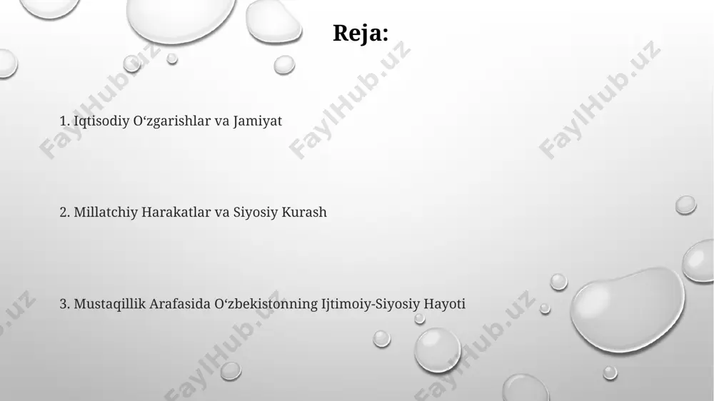 kuchayib, 20 dan ortiq guruh va tashkilotlarni birlashtirgan. demokratik harakatlarning asosiy talabi – ko'p partiyali tizimga o'tish va 1991-yilgi mustaqillik referendumi oldidan o'z pozitsiyalarini kuchaytirish maqsadida ommaviy namoyishlar o'tkazish edi. milliy ongning uygʻonishi milliy ong uygʻonishi davrida, 1990-yillar boshida, 20 dan ortiq milliy-demokratik harakatlar paydo boʻlib, ular mamlakatning turli hududlarida,jumladan fargʻona vodiysi va xorazmda faoliyat yuritgan. 1989-yilda oʻtkazilgan saylovlarda "xalq harakati" kabi yangi siyosiy tashkilotlarning paydo boʻlishi milliy ong uygʻonishining muhim siyosiy namoyon boʻlishidir. bu jarayon oʻzbekistonning mustaqillikka intilishiga turtki boʻldi. milliy ong uygʻonishining dastlabki bosqichlarida, 1980-yillar oxirida, toshkent va samarqand kabi yirik shaharlarda milliy til va madaniyatni tiklash tarafdori boʻlgan intellektual guruhlar faol boʻlgan. konstitutsiyaviy islohotlar 1990-yillarning boshlarida o‘zbekiston konstitutsiyasini ishlab chiqish jarayonida, samarqand va buxoro kabi tarixiy shaharlardagi intellektual muhitning ta’siri sezilarli bo‘lib, milliy qadriyatlarni hisobga olgan 12 bobdan iborat hujjat yaratildi. konstitutsiyaviy islohotlar natijasida 1992-yilda qabul qilingan yangi konstitutsiya, davlat hokimiyatining parlament, ijro va sud tarmoqlariga bo‘linishini …