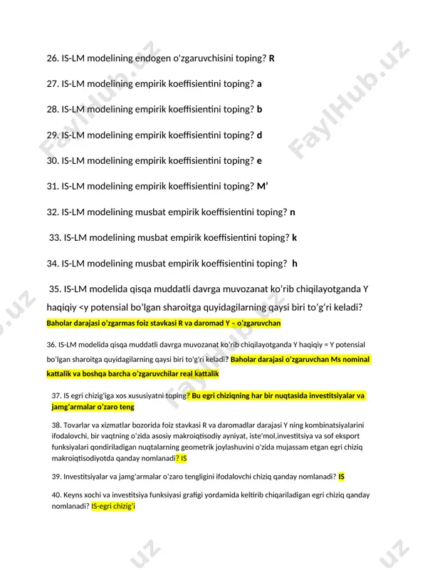 qdori y dan y2 qadar, ya'ni ay nae x m miqdorga pasaysa, m nimaga teng? m=1/(1-b(1-t)+m’ 48. qaysi chizigʻining har bir nuqtasida pulga talab md pul taklifi ms ga teng boʻladi? lm 49. lm egri chizig'ining gorizontal qismi nimani anglatadi? foiz stavkasi r ning minimal darajasidan pasaya olmasligi 50. lm egri chizigʻining vertikal qismi nimani anglatadi? foiz stavkasi r ning maksimal darajasi chegarasidan tashqarida hech kim mablag’ini likvid shaklida ushla turmasligi 51. qaysi o'zgarishlar lm egri chizigʻining oʻngga yoki chapga siljishiga olib keladi? pul taklfini oshishi o’ngga, kamayishi chapga 52. lm egri chizig'i tenglamasi qanday topiladi? pulga talab funksiyasi r va y ga nisbatan yechib topiladi 53. r ga nisbatan lm egri chizig'i tenglamasini toping? r=(k/h)y-(1/h)(m/p) 54. y ga nisbatan lm egri chizig'i tenglamasini toping? y=(1/k)(m/p)+(h/k)r 55. is egri chizigʻini qanday hollarda o‘ngga suriladi? davlat xarajatlarining o’sishi,soliqlarning kamayishi 56. markaziy bank ochiq bozordan obligatsiyalar sotib ola boshlasa nimalar sodir bo'ladi? …