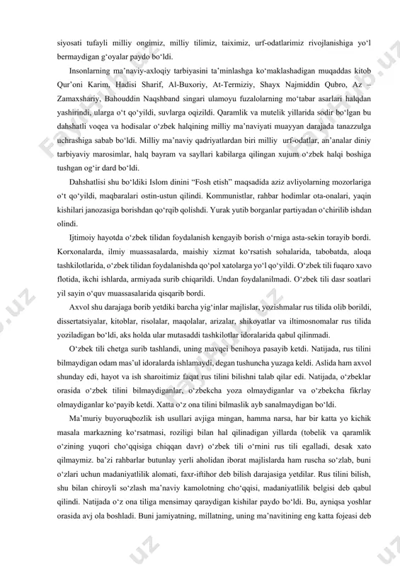 a’rfiatchi jadidchilar og‘ir moddiy qiyinchiliklar, g‘oyaviy–siyosiy tayziqlarga qaramay, millatning ma’naviy yuksalishi uchun imkoniyatlar yaratishga harakat qildilar. ma’naviyat va ma’rifatdan mahrum halq milliy jihatdan: o‘zini anglab ololmaydi taqdirga tan berib yashashni o‘ziga ep ko‘radi. chor amaldorlari buni yaxshi anglagan holda o‘z mustamlaka asoratiga solgan turkiston halqlarini ma’naviyat, ma’rifat va madaniyatdan bebahra qoldirish masalasiga alohida ahamiyat berdilar, bu yo‘lda hech tap tortmay insofu diyonatni, rahm-shafqatni butunlay unutdilar. tarixdan ma’lumki, bir halqni o‘ziga tobe qilishni istagan kuchlar avvalo o‘zini o‘zligidan, taixidan, madaniyatidan judo qilishga intiladi. xitoy donishmandi konfutsiy bundan 2700-yil oldin o‘z imperatoriga shunday maslahat bergan ekan: “xoqonim, agar biror mamlakatni bosib olib, u yerda uzoq hukmronlik qilmoqchi bo‘lsangiz, dastavval o‘sha yerda yashayotgan halqni o‘z tarixiy madaniyatidan mahrum eting, ma’naviy bo‘ronni kuchaytiring”. madaniyat va ma’naviyatni barbod etish, milliy til, urf-odatlar kamolotga yo‘l bermaslik, itoat ettirilgan halqni jilovda ushlab turishning eng zarur va nozik yo‘llaridan biri ekanligini istilochi va bosqinchilar doimo juda yaxshi bilgan. …