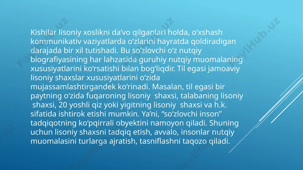 til birliklaridir. geshtaltlar tilda amalga oshishi bilan birga, insonning borliqni idrok qilishi asosini tashkil qiladi, bilish jarayonlarini yo‘naltiradi, motorli aktlarning o‘ziga xos xususiyatlarini va h.k. aniqlaydi. tilga nisbatan geshtaltlarning botiniyligi bir necha jihatlarda namoyon bo‘ladi. chunonchi, tilning zohiriy sathida ayni geshtalt turli fikrlarni keltirib chiqarishi mumkin va bunda faqat maxsus izlanishlar orqaligina ularning birligini aniqlash mumkin. shunday qilib, geshtaltlar konseptual bog‘lanishlar bo‘lib, ular inson psixikasining botiniga tegishli bo‘lgan va tabiiy tilning kategoriyalari doirasidan tashqarida yotgan universal tasavvurlar mohiyatidir. frazelogizmlar vositasida yaratilgan olamning lisoniy manzarasini tahlilida uning antropotsentrik xususiyatini ta’kidlash joiz. olamning antropotsentrik manzarasi frazeologizmlar yo‘nalishining insonga qaratilganligi bilan ifodalanadi. bunda inson barcha narsalarning o‘lchovi sifatida ishtirok etadi: ko‘p – boshini yeb; to‘la, butun – boshdan oyoq; kichik –ko‘z ilg‘amas; tez – ko‘z ochib yumguncha va h.k. e`tiboringiz uchun rahmat! image1.jpeg image2.png image3.jpeg
