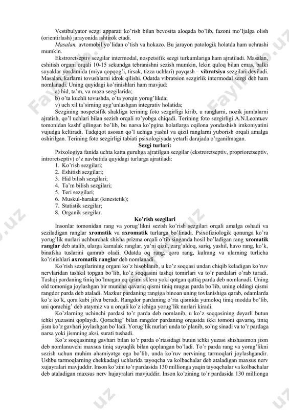 rda joylashganligiga qarab tavsiflanadi. jahon psixologiyasi fanining so’nggi yutuqlari hamda atamalariga binoan sezgilar quyidagicha klassifikatsiya qilinadi. ushbu tasniflanishning dastlabki ko’rinishi ingliz olimi ch.sherringtonga taalluqlidir. u retseptorning qaerda joylashganligiga qarab, sezgilarni uch turga bo’ladi. 1. tashqi muhitdagi narsa va hodisalarning xususiyatlarini aks ettirishgamoslashgan hamda retseptorlari tananing sirtqi qismida joylashgan sezgilar, ya’ni ekstroretseptiv sezgilar; 1. ichki tana a’zolari holatlarini aks ettiruvchi hamda retseptorlari ichki tana a’zolarida, to’qimalarda joylashgan sezgilar, ya’ni interoretseptiv sezgilar. 1. tanamiz va gavdamizning holati hamda harakatlari haqida ma’lumot (axborot, xabar) beruvchi muskullarda, bog’lovchi paylarda, mushaklarda joylashgan sezgilar, ya’ni proprioretseptiv sezgilar. sezgilarning tasnifi va bu boradagi tadqiqotlarni tahlil qilamiz. dastlabki mulohazalar interoretseptiv sezgilar u borasida rus psixologi a.r.luriya tadqiqot ishini olib borgan. uning fikricha, interoretseptiv sezgilar asl, tub, ma’nodagi sezgilar emas, balki emotsiyalar bilan sezgilar o’rtasidagi oraliq sezgilar sifatida namoyon bo’ladi. psixologiya fanida mazkur sezgilar to’la o’rganilmaganligi sababli uni “noma’lum hislar” deb atalgan. bu asosan ichki organlarning xastaliklarida vujudga keluvchi …