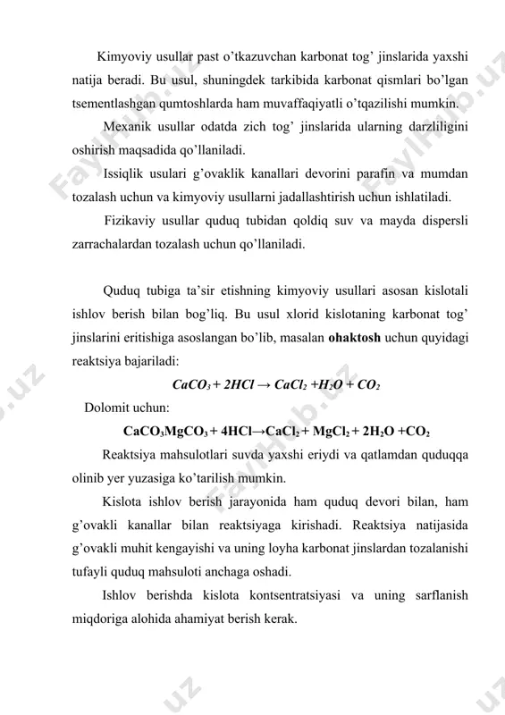 inlanishi kerak. quduk tubiga ta’sir etishning mexanik usullariga qatlamni gidravlik yorish, quduqlarni suyuqlik qum aralashmasi yordamida perforatsiya qilish va quduqlarni tarpedalash usullari kiradi. qatlamni gidravlik yorish katta bosim ta’sirida maxsus suyuqlik haydab qatlamda darzliklar hosil qilish yoki mavjud darzliklarning diametrini kengaytirishdan iborat. hosil bo’lgan darzliklar berkilib qolmasligi uchun qatlamga suyuqlik aralashmasi bilan saralangan qum haydaladi. qatlamni gidravlik yorish quyidagi bosqichlarda bajariladi: 1. qatlamda darzliklar hosil qilish uchun qatlamni yoruvchi suyuqlik haydash; 2. qum tashuvchi suyuqlik haydash; 3. qumni qatlamga etqazish uchun bostiruvchi suyuqlik haydash. rasm-9.2. qatlamni gidravlik yorisning chizmasi. yoruvchi suyuqlikning ikki tupi mavjud: kapbonsuvchilli suyuqlik va suvli eritmalap. bularning birinchisi neft va gaz quduqlari uchun qo’llanilsa, ikkinchisi qatlam bosimini saqlash maqsadida ishlatiladigan suv haydovchi quduqlar uchun qo’llaniladi. qatlamni gidpavlik yorishda ishlatiladigan qum quyidagi talablapga javob berishi kerak; 1. yuqori mexanik mustahkamlikka ega bo’lish. 2. yuqori o’tkazuvchanlikni saqlab turish. quduqlarni gidravlik yorishda odatda diametpi 0,5 - 10 mm bo’lgan kvarts …