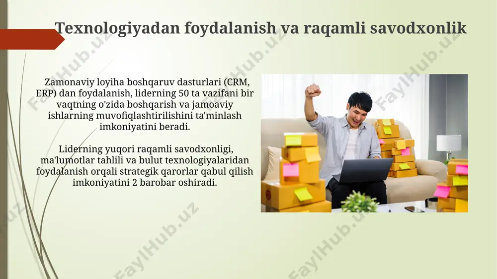 ababni aniqlash va unga tegishli 2-3 ta echimni tezkor ravishda ishlab chiqish mumkin. rahbarning shaxsiy xususiyatlari va ta'siri innovatsion fikrlash va muammolarni hal qilish qobiliyati raqobatbardoshlikni 55% ga oshirib, yangi bozor imkoniyatlarini ochishga yordam beradi. rahbarning yuqori darajadagi emotsional intelligensligi (ei) 70% gacha muvaffaqiyatga hissa qo'shishi va jamoa ichidagi samaradorlikni 20% oshirishi mumkin. o'z-o'zini boshqarish va o'zini rivojlantirish rahbarning o'zini rivojlantirish strategiyasiga 5 yillik reja kiritish, shaxsiy va professional maqsadlarni aniqlash va ularga erishish uchun 3 bosqichli strategiyani ishlab chiqishni o'z ichiga olishi mumkin. o'zini rivojlantirish jarayoni, kamida 100 soatlik o'qish va amaliy mashg'ulotlarni, yangi ko'nikmalarni o'zlashtirish va shaxsiy o'sishni ta'minlash uchun talab qiladi. innovatsion fikrlash va yangiliklarni joriy etish muvaffaqiyatli kompaniyalarning 70% dan ortig'i yangi mahsulotlar va xizmatlarni ishlab chiqarishga investitsiya qilish orqali raqobatbardoshligini ta'minlaydi. bu innovatsion fikrlash va yangiliklarni joriy etishning ahamiyatini ko'rsatadi. innovatsion fikrlash jarayonini 5 bosqichga bo'lish orqali – muammo aniqlash, g'oyalar generatsiyasi, baholash, tanlash va …