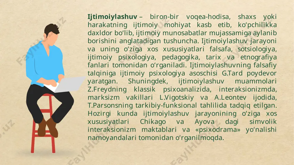 tning ijtimoiy-iqtisodiy va ijtimoiy-madaniy sharoitlari; tarbiyaning ijtimoiy shartlanganligi; tarbiya ijtimoiy boshqarish sifatida (l.f.spirin), nazorat qilinadigan va boshqariladigan ijtimoiylashtirish; tarbiya ijtimoiy ahamiyatli xulq-atvor namunalariga odatlantirish sifatida; kichik (mikro muhit), o‘rta (mezo muhit) va katta (makro muhit) guruh va hamjamiyatlar orqali tarbiyalash. mazkur omillardan ko‘rinadiki, tarbiyaning ijtimoiy mohiyati uning turlaridan biri bo‘lgan ma’naviy-axloqiy tarbiyaga ham taalluqlidir. xulosa yuqorida keltirilganlardan xulosa qiladigan bo‘lsak, keng ma’noda, ijtimoiy-iqtisodiy tizimni, ishlab chiqarish munosabatlari, ijtimoiy institutlar majmui, ijtimoiy ong shakllari va jamiyat madaniyatini qamrab oladi. tor ma’noda, inson bevosita yashaydigan, mehnat qiladigan oila va jamoa, o‘quv dargohi, madaniyat maskanlarini o‘z ichiga oladi. ijtimoiy muhit shaxs ma’naviyatining shakllanishi va rivojlanishiga hal qiluvchi ta’sir ko‘rsatadi. xalqimizning «qush uyasida ko‘rganini qiladi», «qarisan-qartasan – o‘z naslingga tortasan» kabi maqollarida ana shunday ta’sirning mohiyati o‘z ifodasini topgan. foydalanilgan adabiyotlar 1. pedagogika nazariyasi nukus 2012 a.o.temirbekova 2. ijtimoiy pedagogika “navro’z” nashriyoti toshkent - 2019 a.jumayev, s.sharipova 3. https://oyina.uz/ 4. https://www.ziyouz.com/ e’tiboringiz uchun rahmat! …