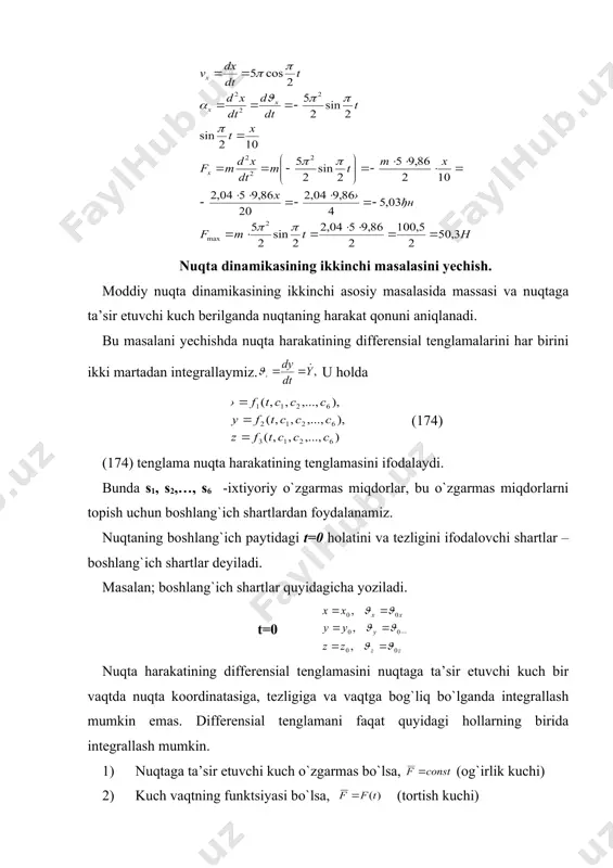oshlang`ich shartlardan foydalanib topiladi. 3. tuzilgan differensial tenglamalarning boshlang`ich shartlarni qanoatlantiruvchi yechimi aniqlanali va izlanayotgan noma’lumlar topiladi. nuqta dinamikasining ikkinchi masalasiga doir masalalar yechish. masala №1. ogir jism gorizontga 300 burchak ostida og`gan silliq tekislik bo`ylab pastga tushadi. agar jismning tezligi boshlang`ich paytda 2m/s ga teng bo`lgan bo`lsa, jism 9,6 m yo`lni qancha vaqtda o`tishi topilsin. yechish. jismga ta’sir etuvchi kuchlarning yo`nalishini chizmada ifodalaymiz. 136-rasm yo`l harakatining differensial tenglamasini tuzamiz. buning uchun to`g`ri chiziqli harakat tenglamasidan foydalanamiz. chizmadan (175) (175) ni integrallaymiz (176) dan t ni aniqlaymiz. adabiyotlar: 1. p. shoxaydarova, sh. shoziyotov, sh. zoirov «nazariy mexanika» darslik. toshkent 1991 yil. 2. t.r. rashidov, sh. shoziyotov, k.b.muminov «nazariy mexanika asoslari» darslik. toshkent 1990 y. 3. s. m. targ «kratkiy kurs teoreticheskoy mexaniki» «visshaya shkola» 2002 g. 4. i. v. meshcherskiy. nazariy mexanikadan masalalar to`plami. o`quv qo`llanmasi toshkent. 1989 y. z ( ( ( � embed equation.3 ��� y x 9,6м …