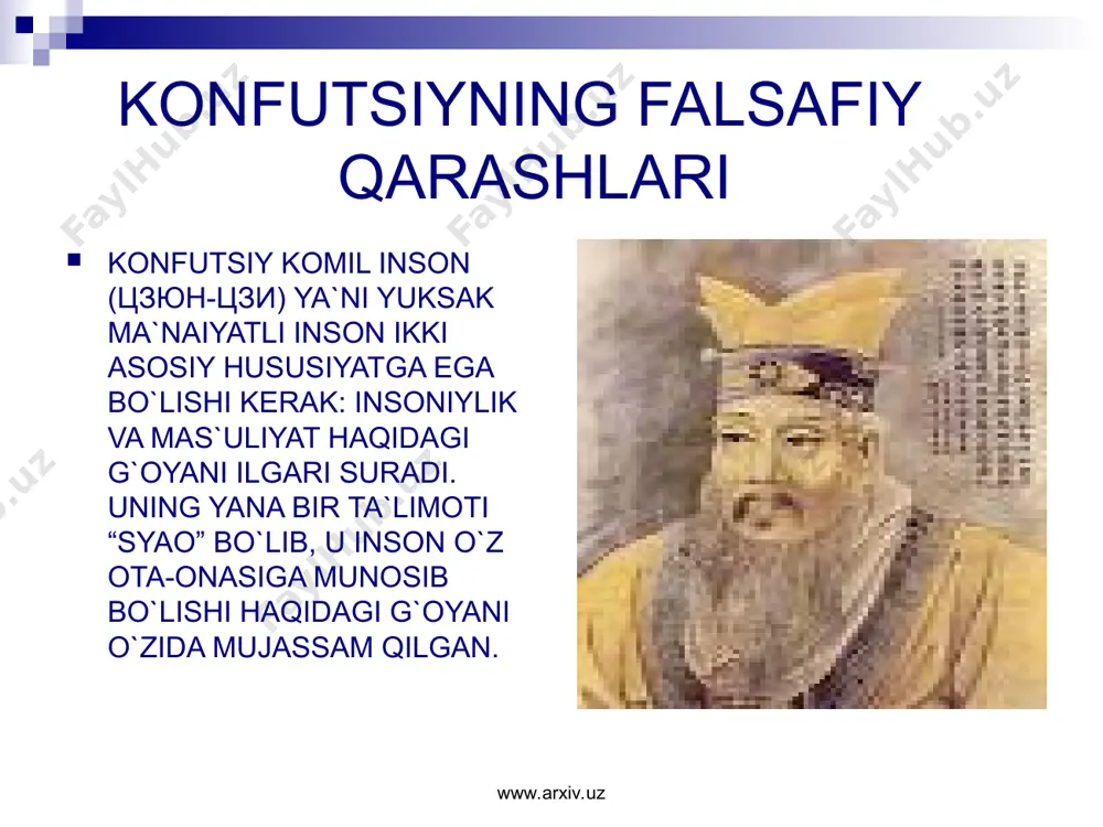 ohi lyu ban konfutsiy ibodatxonasida unda atab “taylyao” ya`ni qo`y, xo`kiz va cho`chqa-uchlik qurbonligi keltiradi. shu asrdan boshlab konfutsiy nomi xitoyda ilohiylashtiriladi. www.arxiv.uz www.arxiv.uz konfutsiychilarning ibodat marosimlari xozirgi kunda xitoy aholisining ko`p qismi bu dinga e`tiqod qilishadi www.arxiv.uz www.arxiv.uz marosimlari konfutsiyga atab qilinadigan qurbonliklar har oyning 1- va 15- kunlarida, uning haykali oldida tantanali marosim ko`rinishida o`tkaziladi www.arxiv.uz www.arxiv.uz konfutsiyning o`limi konfutsiy o`zi yashab ijod etgan joy-suyfuda vafot etgandan so`ng, qabr yaqinida ibodatxona quriladi. ibodatxonaga uning tabarruk narsalari ya`ni yozgan asarlari, musiqa asboblari, ro`zg`or anjomlari va aravasi keltirib qo`yildi.vaqt o`tishi bilan bu narsalar ilohiylashtirila boshlandi. www.arxiv.uz www.arxiv.uz uni butun dunyo “millatlarning ustozi” deb tan oladi. www.arxiv.uz www.arxiv.uz
