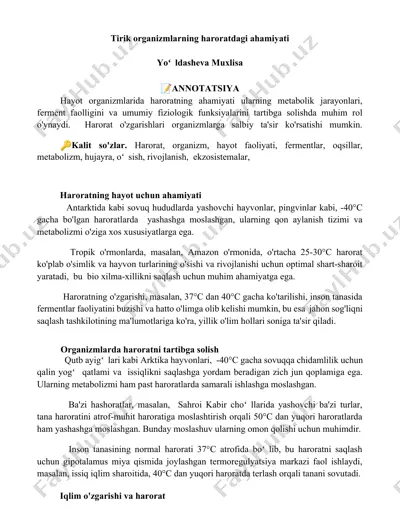 tirik organizmlarning haroratdagi ahamiyati — DOCX