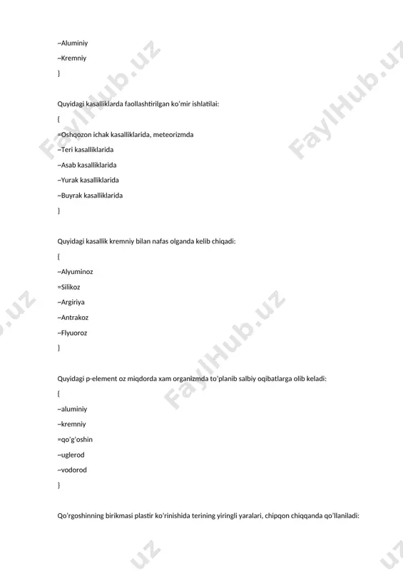 a sifat reaktivi: { ~na2co3 =baci2 ~kno3 ~nano3 ~koh } po4 3- ionlariga sifat reaktivi: { ~na2co3 =magnesia aralashmasi ~kno3 ~nano3 ~koh } aminokislotalar tarkibiga kiruvchi р-elementlar: { ~p,na,к ~p,s,к =n,o,c ~ai,о,с ~f,cl,i,br } koagullanishda kuzatiladigan xodisa: { ~peptizatsiya natijasida zarrachalar parchalanishi ~itarilish natijasida zarrachalar ajralishi =molekulalararo tortilish kuchlari hisobiga zarrachalar yiriklashishi ~g‘irlik kuchlari hisobiga zarrachalar parchalanishi ~kolloid zarrachalarni xosil bо‘lishi } kumush iodidi zoli uchun koagullanish bо‘sag‘asining eng kichik qiymatini beradigan modda: { ~na2so4 ~kcl ~nacl =alcl3 ~k2so4 } koaggullanish bо‘sag‘asida elektrolitning eng kichik konsentratsiyasi quyidagi о‘zgarishga olib keladi: { ~ma’lum vaqtdan keyin yashirin koagullanish kuzatiladi =ma’lum vaqtdan keyin aniq koagullanish kuzatiladi ~nur tarqatilishi kuzatiladi ~kolloid eritmaning barqarorlashishi kuzatiladi ~peptizatsiya kuzatiladi } elektrolitlarning koagullash xususiyatiga ta’sir etuvchi omil: { ~kolloid zarrachaning zaryadiga teng bо‘lgan ion mavjudligi =kolloid zarrachaning zaryadi qarshi zaryadli ionning mavjudligi ~kolloid zarrachaning zaryadi bilan teng ionning mavjudligi ~mitsellaning zaryadi mavjudligi ~qarshi zaryadli ionning mavjudligi } elektrolitning …