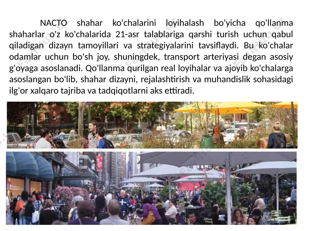 larini boshqarishga yordam beradi va haydovchilar va piyodalarning bir-biriga ko'rinishini yaxshilaydi. yo'l harakati tinchlantiruvchi qurilmalar - tezlik jadvallari, tezlikni pasaytirgichlar va tezlikni jismoniy nazorat qiluvchi boshqa vositalar tavsiya etilgan tezlikdan yuqori haydashni qiyinlashtiradi. 18 2. tezyurar avtobus transporti (bus rapid tranzit). tezyurar avtobus transporti - ko'cha boshqaruvi nuqtai nazaridan avtobusning tezkor tranzit yo'nalishi - bu maxsus yurish yo'llari, svetoforni oldindan belgilash ("yashil to'lqin") va bortdan tashqari yo'l haqini yig'ish orqali avtobus qatnovini birinchi o'ringa qo'yadigan tranzit ko'cha. ko'cha xuddi yengil temir yo'l yo'lagiga o'xshab tashkil etilgan, chunki ajratilgan o'tish joyi xavfsiz va borish mumkin bo'lgan stansiyalar bilan chegaralangan. biroq, avtobuslardan tranzit transport vositasi sifatida foydalanish marshrutni yanada moslashuvchanligini ta'minlaydi va shaharlarga tranzit haydovchilarini o'z manzillariga tezlashtirish uchun geometriya bilan muvofiqlashtirilgan texnologiyadan foydalanishga imkon beradi. tranzit ko'chalar umumiy tirbandlikka nisbatan tranzitni birinchi o'ringa qo'yadi, odamlarning yurishi va to'xtash joylariga kirishi uchun xavfsiz joylarni ta'minlaydi va kengroq mahalliy jamoat transporti tarmog'ining asosini …