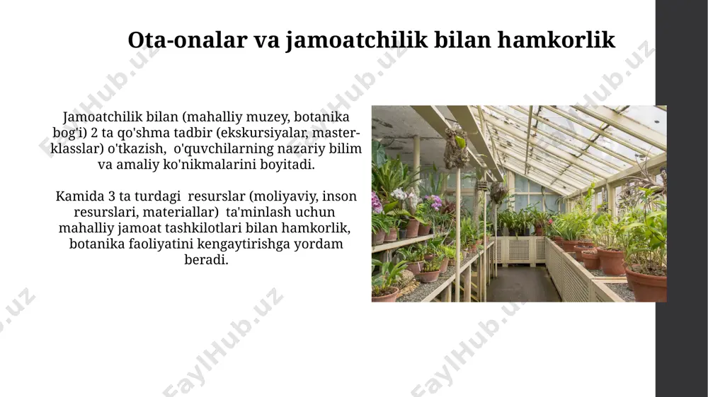 si va ekologiyasi bo'yicha 5 ta asosiy mavzu yuzasidan chuqurroq bilimlar berish kiradi. o'quv materiallari va vositalaridan foydalanish interaktiv elektron darsliklar, onlayn o'quv platformalari va 7 ta turli xil botanika bo'yicha ma'lumotlar bazasidan foydalanib, o'quv jarayonini diversifikatsiya qilish va talabalarning bilim darajasini oshirish. o'quv jarayonida 3d modellashtirish dasturlari va 50 dan ortiq o'simliklarning virtual namunalaridan foydalanib, talabalar botanika tushunchalarini chuqurroq anglashlarini ta'minlash mumkin. botanika bo'yicha bilimlarni baholash va nazorat qilish botanika bo'yicha bilim darajasini baholashda 30 ta savoldan iborat testlar, amaliy topshiriqlar (20%) va yakuniy loyiha (50%) kabi baholash usullaridan foydalanish mumkin. o'quvchilarning botanika fanidan olgan bilimlarini samarali baholash uchun 5 balldan iborat reyting tizimi va har bir baholash bosqichidan olingan ballarning yig'indisiga asoslangan yakuniy baholash tizimini qo'llash tavsiya etiladi. talabalarning mustaqil ishlarini tashkil etish талабаларнинг мустақил ишларини 3 та босқичда (режа тузиш, амалий ишлар, ҳисобот) ташкил этиш самарадорлигини оширади ва уларнинг ўз-ўзини бошқариш кўникмаларини ривожлантиради. ҳар бир талабанинг мустақил …