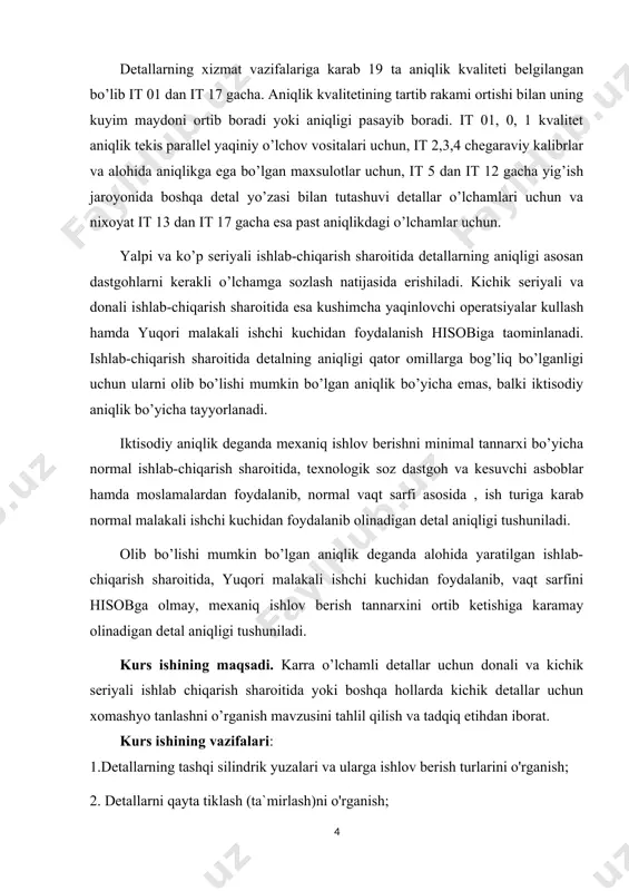 riyali ishlab chiqarish. kurs ishining predmeti: karra o’lchamli detallar uchun donali va kichik seriyali ishlab chiqarish sharoitida yoki boshqa hollarda kichik detallar uchun xomashyo tanlashni o’rganish., ishlab chiqarishni o’rganish metodikasi va uni o'ranish usullari,metodlari va vazifalari. kurs ishining tuzilishi: kurs ishi kirish,2ta bob(4 ta paragraf),xulosa va foydalanilgan adabiyotlar ro'yxatidan iborat. i bob. detallarning tashqi silindrik yuzalari va ularga ishlov berish,qayta tiklash haqida ma'lumot 1.1.detallarning tashqi silindrik yuzalari va ularga ishlov berish turlari. zagotovkalarga mexanik ishlov berish metall kesuvchi asboblar yordamida metall kesuvchi dastgohlarda amalga oshiriladi. kesib ishlov berishda ishlov o‘tayotgan zagotovkaning ma’lum qalinlikdagi qatlami (qo'yilma) kesib ajratiladi va qirindiga aylantiriladi. bunda kesib olinayotgan metall kesish jarayonida plastik deformatsiyalanadi va yemiriladi. detallar ta’sir etuvchi kuchlarga qarshilik ko‘rsata olishi uchun mashinasozlikda qo‘llaniladigan konstruksion metallardan tayyorlanadi. bunday metall va qotishmalar (po‘lat, cho'yan, jez, bronza, aluminiy qotishmalari va boshqalar) ularning kimyoviy tarkibi va struktura holatiga bog‘liq bo‘lgan turli mexanik xossalariga egadir. keltirilgan ko‘rsatkichlar majmuasi …