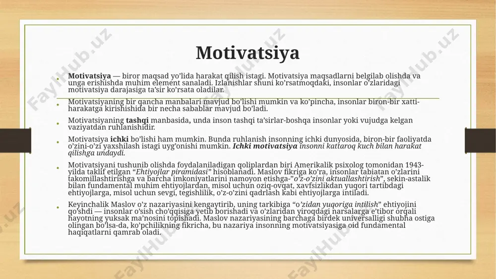 uhokamasiga tortilganligi", "xohishning qadriyatga ega ekanligi, aniq xususiyatliligi" singari kontekstlar orqali o‘rganishga intiladi. shuning bilan birga a.f.lazurskiy intilish rivojining darajasi ongli irodaviy zo‘r berish bilan bog‘liq ekanligini alohida ta’kidlab o‘tadi. xuddi shu bois u shaxsning tadqiqot dasturida bunday munosabatlar tizimiga keng o‘rin ajratadi. muallif o‘zining izlanish dasturida shaxsga ijtimoiy nuqtai nazaridan yondashishga harakat qilgan, lekin masala endopsixika va ekzopsixika nazariyalariga asoslangan holda tushuntirganligi tufayli insonning ijtimoiy psixologik mohiyati, shaxsning biologik hamda ijtimoiy shartlangan jabhalari birligi, uyg‘unligi o‘z ilmiy ifodasini topmagan. natijada uning mulohazalari mexanitsizm va biologizatorlik qobig‘i bilan aralashib ketish holati mavjudligi sababli muallifni tub ma’nodagi ilmiylikdan bir muncha uzoqlashtiradi. a.a.uxtomskiy tomonidan organizm funksional holatlarining determinantlari muammosini tadqiq etish jarayonida dominantlar prinsipi kashf qilinadi. muallif o‘zi kashf qilgan dominantni xulq-atvor harakati va uning vektori sifatida tushuntirishga intildi. motivlar uning uchun muhim ahamiyatga ega ekanligi uchun muammo fiziologik, psixologik, dunyoqarash jabhalari sifatida tadqiq etiladi. psixologik va fiziologik holatlar bo‘linmasligidan kelib chiqqanligi …