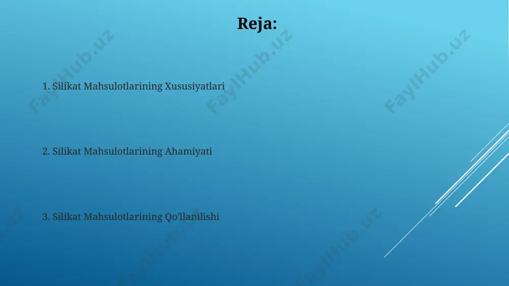 atlarga ega. sanoatda silikat mahsulotlarining ahamiyati sanoatda silikat mahsulotlari, jumladan, sement va shisha ishlab chiqarishda, yillik 20 milliard dollarlik global bozor hajmini egallab, muhim rol o'ynaydi va millionlab ish o'rinlarini ta'minlaydi. silikat mahsulotlarining chidamliligi va bardoshliligi tufayli ular qurilish sohasida, masalan, beton va g'isht ishlab chiqarishda, 50 yildan ortiq xizmat muddatini ta'minlab, iqtisodiy foyda keltiradi. silikat mahsulotlarining ekologik jihatlari silikat mahsulotlarining ishlab chiqarish jarayoni, ba'zi hollarda, 20-30% gacha energiya sarfini kamaytirishga imkon beradi, bu esa karbon emissiyasining pasayishiga olib keladi va ekologik iz qoldiqlarini minimallashtiradi. silikat mahsulotlari, ayniqsa, beton va g'isht kabi, uzoq muddatli xizmat qilish muddatiga ega, bu esa yangi mahsulotlar ishlab chiqarish ehtiyojini kamaytiradi va shuning bilan birga ekologik ta'sirni pasaytiradi, masalan, ishlab chiqarish davrida chiqindilarni 15% ga kamaytiradi. silikatlarning kimyoviy tarkibi va xossalari ko'pgina silikatlar yuqori erish nuqtasiga ega (1000°c dan yuqori) va kimyoviy jihatdan inert hisoblanadi, bu esa ularni yuqori haroratli sharoitlarda ishlatishga imkon beradi. silikatlarning …