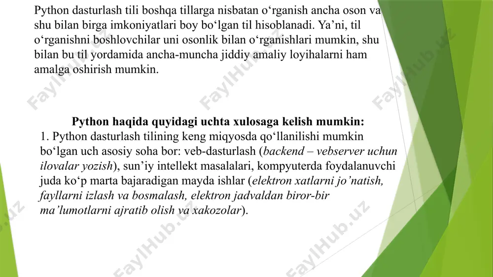 irilgan dasturlash uslublarini taqdim etadi. pythonning o‘ziga xosligi 1. oddiy, o‘rganishga oson, sodda sintaksisga ega, dasturlashni boshlash uchun qulay, erkin va ochiq kodlik dasturiy ta’minot. 2. dasturni yozish davomida quyi darajadagi detallarni, misol uchun xotiraniboshqarishni hisobga olish shart emas. 3. ko‘plab platformalarda hech qanday o‘zgartirishlarsiz ishlay oladi. 4.interpretatsiya qilinadigan til. 5. kengayishga moyil til. agar dasturni biror joyini tezroq ishlashini xoxlasak shu qismni c yoki c++ dasturlash tillarida yozib keyin shu qismni python kodi orqali ishga tushirsa(chaqirsa) bo'ladi. 6.juda ham ko'p xilma-xil kutubxonalarga ega. 7.xml/html fayllar bilan ishlash 8.http so`rovlari bilan ishlash 9. gui(grafik interfeys) 10.veb saytlarni yaratish 11.ftp bilan ishlash 12. rasmli audio video fayllar bilan ishlash 13.robot texnikada 14.matematik va ilmiy hisoblashlarni dasturlash python dasturini o‘rnatish qoidalari https://www.python.org/ shuni alohida ta’kidlash kerakki, dastur o‘rnatib bo‘lingach, python dasturlash tilining ishchi stoliga alohida belgisi hosil bo‘lmaydi. shuning uchun dasturni pusk orqali ishga tushiramiz. har doim yangi dastur bilan ishlashda idle …
