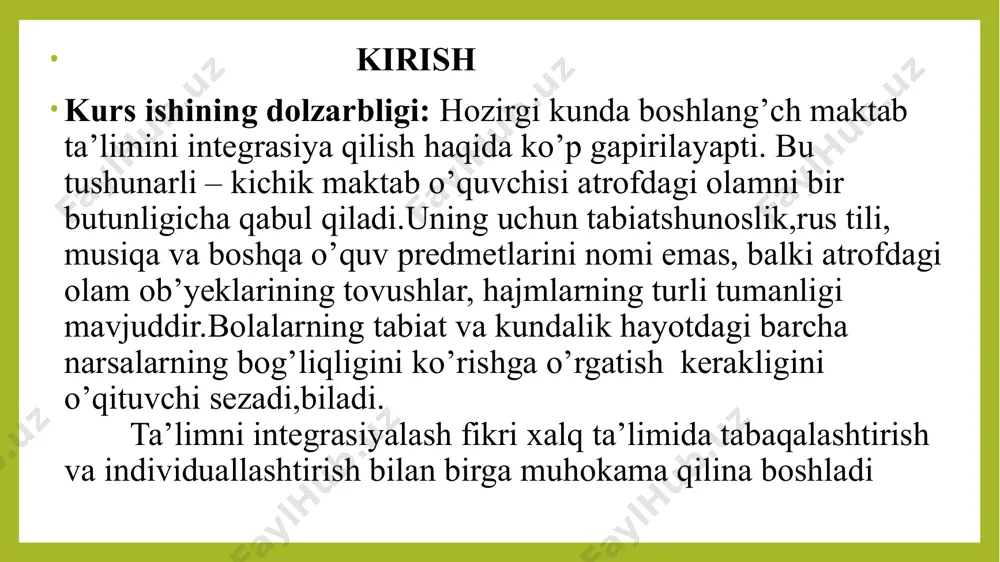 boshlang’ich ta’lim pedadogikasining kibernetika (muhim dinamik tizimlarni boshqarishni o'rganadigan fan) bilan bogianishi ko‘zga tashlanmoqda. bu holni kibernetikaning umumiy g'oyalaridan ta’lim da foydalanish tajribalarini dasturlashtirilgan ta’lim misolida ko'rish mumkin. boshlang’ich ta’lim pedadogikasi o'z tadqiqot obvektiga va tadqiqot metodlariga ega. ilmiy tadqiqot barcha fanlar kabi boshlang’ich ta’lim pedadogikasi fanini ham takomillashib borishiga, avrim pedagogik hodisalarni tekshirishga, ularni to’g’ri hal etish vositalarini aniqlashga yordam beradi. hodisa uning taraqqiyoti davomida boshqa hodisalar bilan bog’liq holda o‘rganiladi. miqdor o‘zgarishi sifat o’zgarishiga olish daqiqalarida kuzatiladi. ii.bob.boshlang’ich ta’lim tamoyillari va qonuniyatlari,ularning o’qitishdagi ahamiyati. 2.1. boshlang’ich ta’lim tamoyillari asosida darslarni tashkil qilish ta’lim-tarbiya muassasalarida amalga oshiriladigan chuqur pedagogik jarayon sifatidagi tarbiya haqida gapirish uning faqat bir tomonini - kasbiy jihatini ko’rsatishni bildiradi. tarbiya hammavaqt xalq orasidagi hodisa. ijtimoiy hayotning doimiy kategoriyasi hisoblangan. tarbiyaning ijtimoiy tabiatini anglash davlat va xalq tarbiyasi, jamiyat va shaxs tarbiy asi oitasidagi maqsadga muvofiq va tasodifiy tarbiya o'rtasidagi tafovutni, tarbiyaviy ta'sir obyektining g’ovat murakkab …