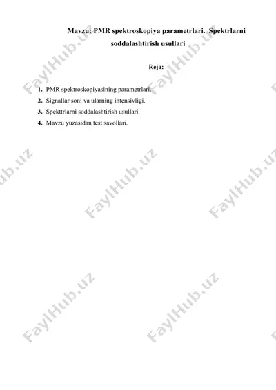 pmr spektroskopiya parametrlari. spektrlarni soddalashtirish usullari — DOCX