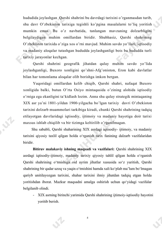 valardan tarkib topgan bo’lib, 55 sahifani tashkil etadi. i-bob. xix asr birinchi yarmida qarshi shahrida ijtimoiy-iqtisodiy va madaniy hayot. 1.1.xix asrning birinchi yarmida qarshi shahrining ijtimoiy-iqtisodiy hayoti. mustaqillikka erishganimizdan keyin xalqimizning o‘z yurti tili madaniyati qadriyati tarixini belgilashga o'zligini anglashga qiziqish ortib bormoqda. o’zlikni anglash degani –bu o’z tariximizni, ming yillik an’analarimizni bilish degani. odamzod borki, avlod-ajdodi kimligini nasil- nasabini o‘zi tug‘ilib voyaga yetgan qishloq, shahar xullaski, vatanning tarixini bilishni istaydi. har bir xalqning har qaysi millatning o‘ziga xos uzoq- yaqin tarixi, o‘tmishi bo‘lgani kabibiz bilgan va bilmagan shahar va qishloqlarning ham o‘z tarixi bor. qashqadaryo vohasining qadim to‘prog‘ida tabarruk manzillar ko‘p. qadimshunoslar viloyatimiz hududidan minglab yodgorliklarni aniqlaganlar. ular orasida shajarasi miloddan oldingi ming yilliklarga daxldor o‘nlab obidalar borki, bugungi ilm-fan madaniyat va me’morchiligimiz ular tarixisiz mukammal bo‘lmaydi. moziy bilan bo‘ylashadigan shaharning qariyib uch ming yillik kechmishi bor. xix asrning birinchi yarimida qarshi shahrining ijtimoiy-iqtisodiy hayoti. xix asrning birinchi yarmida …