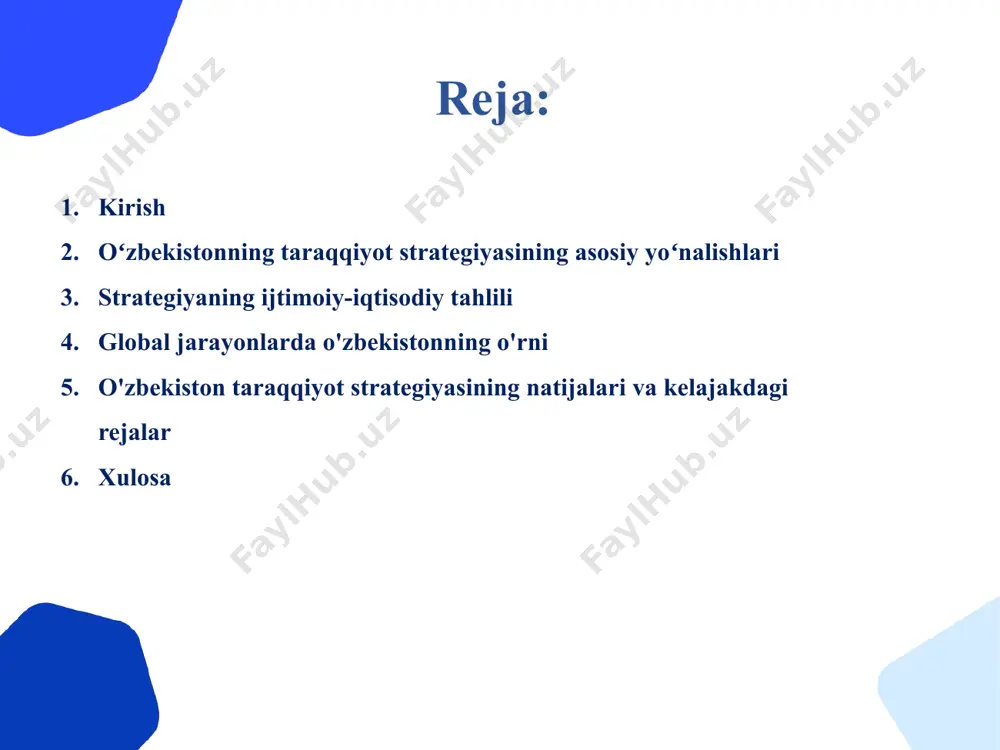 izmatlarning sifatini oshirish va universal tibbiy sug‘urtani joriy etish bo‘yicha qadamlar qo‘yilmoqda. prezidentimizning 2017 yil 7 fevraldagi farmoni bilan tasdiqlangan «2017-2021 yillarda o‘zbekiston respublikasini rivojlantirishning beshta ustuvor yo‘nalishi bo‘yicha harakatlar strategiyasi» mamlakat hayotining boshqa sohalari qatori jamiyatda so‘z, fikr, axborot erkinligini yanada ta’minlash yo‘nalishini rivojlantirishning mutlaqo yangi bosqichini boshlab berganini alohida ta’kidlash lozim. global jarayonlarda o'zbekistonning o'rni xalqaro hamkorlik va integratsiya: oʻzbekiston xalqaro aloqalarni kuchaytirishga qaratilgan faol tashqi siyosat olib bormoqda. xususan, oʻzbekiston 2022 yilda yevrosiyo iqtisodiy ittifoqi (yeii) bilan hamkorlik qilishni davom ettirdi, shu bilan birga, markaziy osiyo davlatlari bilan savdo-iqtisodiy munosabatlarni mustahkamlashda faollik ko'rsatmoqda. investitsiya va texnologiyalar transferi: oʻzbekistonning investitsiya salohiyati ortib bormoqda, jumladan, xitoy va rossiya kabi davlatlar bilan hamkorlikda bir qator yirik sanoat va infratuzilma loyihalari amalga oshirilmoqda. texnologiyalar transferi bo‘yicha yevropa davlatlari bilan hamkorlik kuchaymoqda, bu esa iqtisodiyotning yuqori texnologik sektorlarga moslashuvini tezlashtirmoqda. o‘zbekiston taraqqiyotining hozirgi yangi bosqichida yurtimizda amalga oshirilayotgan islohotlar samaradorligini ta’minlash konstitutsiyaviy …