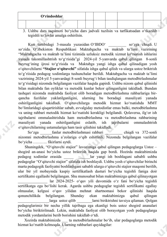 ligi 1-4 5-11 1 …………. ona tili 2 8 4 10,11 2 …………. 1 27 5,6,7,8,9 8 3 …………. o‘rindoshlar yuqorida keltirib o‘tilgan fanlar bo‘yicha dars soatlari sinf rahbarligi, uy ta’limi dars soatlari taqsimlanishini, norozi va qarshi bo‘lganlar fikrlarini bildirishi so‘raldi. shundan so‘ng, kasaba uyushmasi raisi ______ so‘zga chiqib maktabdagi mavjud sinflar va dars soatlari pedagoglar orasida yuqoridagi kabi taqsimlanishi bo‘yicha fikirlarini so‘radi. metodbirlashma rahbarlari ____________lar fikir bildirib imkon qadar adolatli dars taqsimoti bo‘lganini ma’lum qildilar. maktab direktori so‘zga chiqib yig‘ilishning barcha qatnashchilaridan yuqoridagi jadvalga asosan dars taqsimotini amalga oshirish bo‘yicha rozi ekanligini yoki rozi emasligini so‘radi. yig‘ilishning barcha a’zolari bir ovozdan qo‘l ko‘tarib rozi ekanligini bildirdi. qarshilar, betaraflar bo‘lmadi. kun tartibidagi 2-masala yuzasidan yig‘ilish qarori: 1. maruzachilar ____________larning maruzasi ma’lumot va ijro uchun qabul qilinsin. 2. dars taqsimoti quyidagicha amalga oshirilsin: № familiyasi va ismi fani toifasi dar soati uy ta'limi dars o‘tadigon sinfi sinf rahbarligi 1-4 5-11 1 …