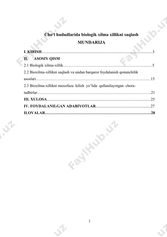 lakatlarida, shu jumladan, bizning respublikamiz tabiatida ekologik tanglik, yerlarimizni ekologik inqirozga uchrayotgani to‘g‘risida ma’lumotlar berilmoqda. bu albatta ko‘pchilikni tashvishga solishi anikdir. mavzuning dolzarbligi. bioxilma-xillik resurslarining kamayishi birinchi navbatda inson faoliyati ta’sir oqibatida yuz beradi. oxirgi 50 yil ichida sayyoramiz aholisi soni 3,5 barobarga, iste’mol qilinayotgan ichimlik suv hajmi 11 barobarga, haydaladigan yerlar maydoni 2 martaga, ro‘yxatdan o‘tgan transport vositalari soni 10 martaga, neft mahsulotlaridan foydalanish 7 martaga, elektr stantsiyalari quvvati 21 martaga oshdi. hayvonot va o‘simlik olami turlari esa 20 foizga kamaydi. har yili atmosfera havosiga 5 milliard tonna karbonad angidrid gazi, 200 million tonna uglerod oksidi, 146 million tonna sulfat oksidi, 35 million tonna azot oksidi tashlanmoqda. insonning nooqilona faoliyati natijasida biosferada ko‘plab qaltis jarayonlar sodir bo‘lmoqda. birgina orol fojiasi insonning ekologik muammolarga nisbatan mas’uliyatsizligining yaqqol namunasidir. so‘nggi qirq yil mobaynida dengiz maydoni 7 martadan ortiqroqqa qisqardi, suv hajmi esa 13 barobarga kamaydi. uning minerallashuvi bir necha o‘n martaga …