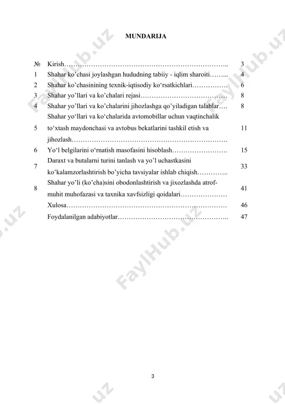 ablag‘ avtomobil yo‘llarini mukammal ta’miriga ajratilgan bo‘lsa, hududlardagi ko‘prik va yo‘l o‘tkazgichlari qayta qurilishiga 42 milliard 650 million so‘m sarmoya moliyalashtirilgan. yo‘l xo‘jaligini boshqarishning zamonaviy tizimini yaratish va sohada sifat nazoratini kuchaytirish va manfaatlar to‘qnashuvini oldini olish, xususiy sector korxonalarini keng jalb qilish uchun sharoit yaratish hamda budjet mablag‘laridan foydalanish samaradorligini oshirish maqsadida 2023-yil 10-oktyabrda “yo‘l xo‘jalik sohasini yanada takomillashtirish chora-tadbirlari to‘g‘risida”gi pq-330 sonli qarori qabul qilindi. shuningdek toshkent shahrida obodonlashtirish va ko‘kalamzorlashtirish ishlari darajasini kengaytirish, shaharni “yashil shahar”lardan biriga aylantirish, aholiga qulay shart-sharoitlar yaratish maqsadida o‘zbekiston respublikasi vazirlar mahkamasining 31.08.2021 yildagi 553-sonli “toshkent shahrida obodonlashtirish va ko‘kalamzorlashtirish ishlarini tubdan takomillashtirish chora-tadbirlari to‘g‘risida”gi qarori qabul qilindi. yo‘l xo‘jaligi sohasining ijtimoiy va iqtisodiy jihatdan yuksak ahamiyatga ega ekani uning muhim xususiyati hisoblanadi. respublikamizda transport kornmunikatsiyalarini rivojlantirish va ularning holatini yaxshilash bugungi kundagi iqtisodiyotning dolzarb ustivor yo‘nalishlaridan biri hisoblanadi. i.shahar ko”chasi joylashgan hududning tabiiy - iqlim sharoiti surhandaryo viloyati termiz shahri - …