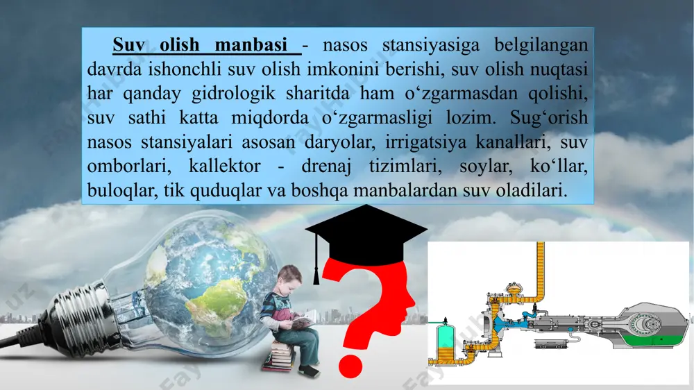 lar maydonchasi ko‘kalamzorlashtirilgan hudud, yo‘llar, ko‘priklar, ichimlik suvi bilan ta’minlash qurilmalari, kanalizatsiya va issiqlik tarmoqlari, jala-yomg‘ir suvlarini yig‘uvchi kanallar, stansiya oldidagi maydon va boshqalar kirishi mumkin. nasos stansiyasining turlari va ularning klassifikatsiyasi. nasos stansiyalari quyidagi alomatlariga qarab klassifikatsiyalanadi. 1. vazifasiga ko‘ra 2. suv uzatish trassasida joylashishiga ko‘ra 3. suv olish manbasiga ko‘ra 4. qurilgan o‘rni bo‘yicha 5. tuzilishiga ko‘ra 6. to‘xtamaslik shartiga ko‘ra 7. gidrotexnik inshootlarning kattaligiga qarab. 8. suv sarfiga nisbatan (m3/s) 9. suv ko‘tarish balandligiga qarab (m). 1. vazifasiga ko‘ra 1. sug‘orish 2. zax qochirish-quritish 3. ichimlik suvi bilan ta’minlash 4. kanalizatsiya 2. suv uzatish trassasida joylashishiga ko‘ra 1.sug‘orish va zax qochirish stansiyalari uchun 2.trassa boshida 3.bir manbadan ikkinchisiga uzatuvchi 4.yopiq tarmoqlarga uzatuvchi 2.1qishloq xo‘jaligini suv bilan ta’minlash stansiyalari uchun 1.bosh yoki birinchi ko‘taruv 2.ikkinchi ko‘taruv 3.kuchaytiruvchi 4.aylantiruvchi 3. suv olish manbasiga ko‘ra 1.yer ustida (dengiz, daryo, kanal, suv omborlari, ko‘l, soy va h.k.) 2.yer ostida (shaxtali va …