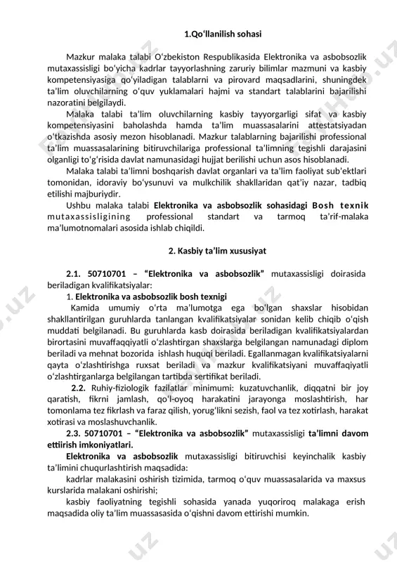 ktron jihozlariga texnik xizmat ko‘rsatishni tashkil etishni boshqarish. 4. ta’lim dasturini o‘zlashtirgan bitiruvchining umumiy va kasbiy kompetensiyalariga qo‘yiladigan talablar 4.1. 50710701–“elektronika va asbobsozlik” mutaxassisligi bitiruvchilari umumiy kompetensiyasiga qo‘yiladigan talablar: ptm bitiruvchisi quyidagi umumiy kompetensiyalarga ega bo‘lishi kerak. uk-1. kasbiy faoliyat doirasida vujudga keladigan turli masalalar yechimini topish usullarini tanlay olish; uk-2. rahbar tomonidan belgilangan maqsadga erishish uchun jamoada ishlay olish; uk-3. o‘zining kasbiy malakasini va shaxsiy kamolotini takomillashtirib boorish; uk-4. jamoada va ma’lum vazifani bajarishga yo‘naltirilgan guruhda ishlash, hamkasblar, rahbarlar va mijozlar bilan samimiy, xushmuomala va samarali muloqot qilish; uk-5 ta’lim olgan tilida fikrini og‘zaki va yozma ravishda ravon bayon qilish; uk-6 umuminsoniy fazilatlarga ega bo‘lish, o‘z millatini va vatanini sevish, u bilan faxrlanish, milliy urf-odatlar, qadriyatlarni hurmat qilish; uk-7.professional vazifalarni samarali bajarish uchun zarur bo‘ladigan ma’lumotlarni qidirish; uk-8 kasbiy faoliyatida axborot-kommunikatsiya texnologiyalarini qo‘llash; uk-9 kasbga doir hujjatlar bilan ishlash; uk-10. kasbiy faoliyatda xavfsizlik texnikasi va mehnat muhofazasi qoidalariga amal …