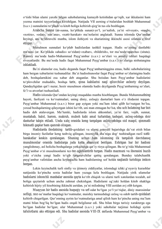 asl nusxa bo‘lib, islom manbalarida u «imom» nomi bilan tilga olingan. ikkinchi nusxa ka’bada, uchunchi nusxa qoxiradagi misr milliy kutubxonasida saqlanmoqda. to‘rtinchisi toshkentda o‘zbekiston xalqlari tarixi muzeyida saqlanib, 1989 yil boshlarida o‘zbekiston musulmonlari diniy idorasiga topshirilgan. suralar qur’onda o‘z mazmuniy izchilligiga yoki o‘qilgan vaqtiga qarab joylashtirilgan. suralarning hajmi ham har xil: eng katta hajmiga ega bo‘lgan 2-«baqara» surasida 286 oyat bor, eng kichik suralar faqat 3 oyatdangina iborat. uzun suralar kitobining boshidan, qisqa suralar uning oxiridan o‘rin olishi, tadqiqotlarda aniqlanishicha, qadimiy arablarning va umuman old osiyodagi somiy xalqlarning an’anasi bilan bog‘liq bo‘lgan. xilma-xil yozuvlar, rivoyatlar yoki adabiy asarlar to‘planib kitob qilganda, katta hajmdagi asarlar birinchi o‘rinda, kichiklari keyin joylashtirilar ekan. zayd ibn sobit ham suhufni to‘plab dasxat qilishda ana shu an’anaga amal qilgan bo‘lishi mumkin. qur’on-ilk islom g‘oyalarini o‘zida aks ettirgan yagona yozuv bo‘lgani sababli faqat islom tarixi bilan shug‘ullangan olimlargina emas, balki islom tarqalgan xalqlar adabiyoti va madaniyati bilan …