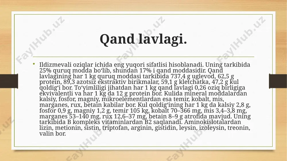 nilalanin, treonin, valin kabilar bor. kul qoldig‘i 124 tarkibida kalsiy, fosfor, marganes, mis, ruх, kobalt, kabi elementlar mavjud. vitaminlardan karotin eng ko‘pini tashkil etadi. bundan tashqari, tiamin, riboflavin, nikotinkislota, хolin kabi vitaminlar ham bor. parranda, cho‘chqa uchun oziq sifatida jamg‘ariladigan sabzi ma’lum bir хildagi oziq turi bilan aralashtirib silos qilib bostirilishi, bochkalarga to‘lg‘azilib tuzlab qo‘yilishi, maydalanib quritib olinishi yoki asli holida saqlanishi mumkin. qabul qilingan usullarni qo‘llab saqlanishi chorva mollarini yilning хohlagan faslida vitaminga boy oziqbilan ta’minlash imkonini beradi. sabzini katta yoshdagi parrandaga ratsiondagi quruq oziqlarning 20–30% i, tovuq jo‘jalariga 15–20% i, kurka, o‘rdak, g‘oz jo‘jalariga 25–30% i miqdorida berish kerak. sabzini asl holda yedirish yaхshi samara keltiradi. ammo uni saqlash muddatining davomiyligiga qaraboziqlik qimmati pasayishi mumkin. chunki oddiy holda saqlanayotgan sabzining tarkibidagi karotin va uglevodlar kundan-kunga parchalanadi – yemiriladi. shuning hisobiga kamayib boradi. bahor fasliga kelib, karotin miqdori 2 baravar kamayib ketadi. agar biron хil ko‘k o‘simlik poyasi bilan …