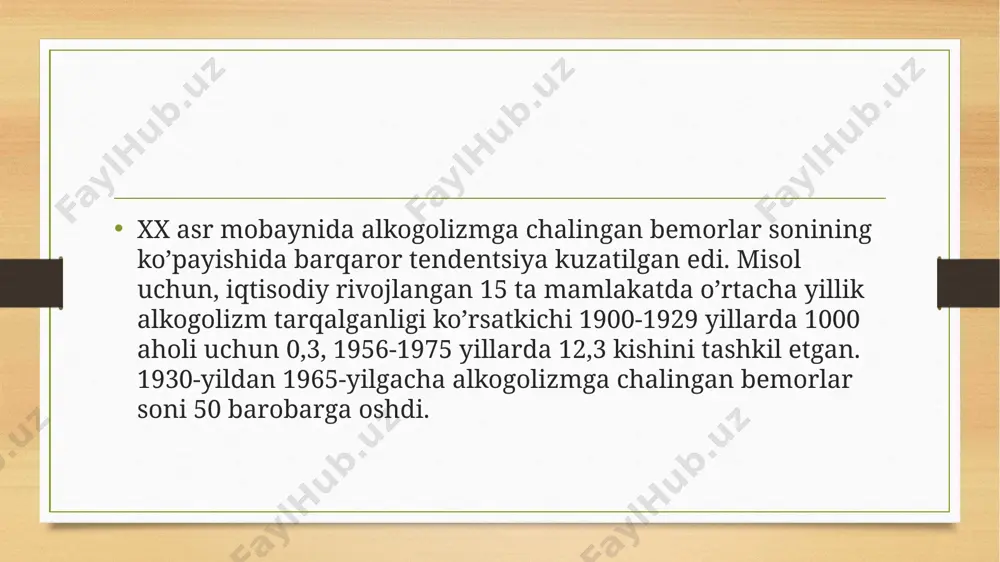 aif va oʻta xudbin kishilar beriluvchan boʻladi. yoshlar tarbiyasidagi nuqson va kamchiliklar, giyohvand moddalarni isteʼmol qilib yuruvchi katta yoshdagilarga taklid va havas, oiladagi noxush sharoit (ota-onaning ichkilikboz yoki giyohvand boʻlishi) hamda giyohvand moddalarning oson topilishi yoki qoʻl ostida boʻlishi ham g.ka sabab boʻlishi mumkin. g.ka mubtalo boʻlganlarda xastalik borgan sari kuchaya borib, odatda, kutilmagan yomon oqibatlarga olib keladi. g. eyforiyasida, yaʼni kayfi chogʻlikda 2 bosqich kuzatiladi: qisqa muddatli —1-5 daqiqa davom etadigan oʻtkir hissiyotli bosqich (haqiqiy eyforiya) va uzoq (1—3 soat) choʻziladigan boʻshashish, tinchlanish davri. bu bosqichlarning qisqa yoki uzoq boʻlishi qanday giyohvand modda qabul qilinganiga va miqdoriga bogʻliq. g.ning hamma turi ham oʻz rivojida giyohvand moddalarga oʻrganib qolish yoʻli bilan g. sindromining shakllanishiga olib keladi. bu sindromning rivojlanishida ham 3 bosqich farqlanadi: 1) giyohvand moddaga nisbatan organizm reaktivligining oʻzgarishi va ruhiy bogʻlanishning paydo boʻlishi; 2) xumor (abstinent) sindromi koʻrinishida jismoniy bogʻlanishning yuzaga kelishi; 3) organizm barcha sistemalarining zaiflashishi (tolerantlikning …