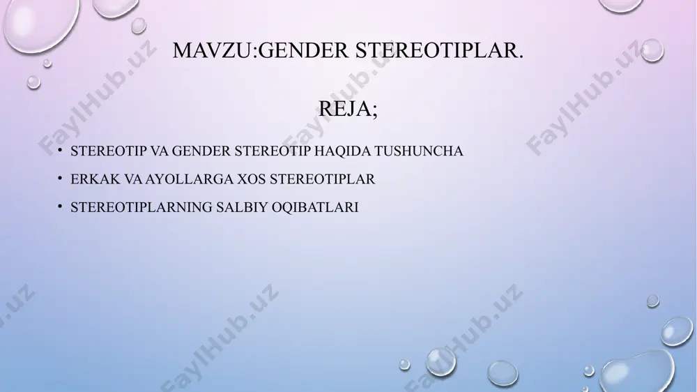 i xil rollarni bajarib keladi. koʻp rollarni bajarish insonning psixologik farovonligiga hissa qoʻshishi haqida dalillar mavjud. rollar yoki rollarning tarkibiy qismlari bir-biriga zid boʻlishi mumkin, bu holda ular rol ziddiyatini keltirib chiqaradi. gender stereotiplarini gender rollaridan — erkaklar va ayollarning oʻzini qanday tutishi haqidagi jamiyatda shakllangan umumlashtirilgan gʻoyalar (eʼtiqodlar) dan farqlanishi kerak. turli madaniyatlarda gender stereotiplarining mazmuni biroz oʻxshashdir. misol uchun, 25 mamlakat talabalari oʻrtasida oʻtkazilgan tadqiqotga koʻra, tegishli madaniyatlarda jasorat, mustaqillik, kuch, hokimiyat va hukmronlik istagi erkaklarga, noziklik, qaramlik, xayolparastlik, emotsionallik, boʻysunish va zaiflik ayollarga tegishli fazilatlar degan fikrlar olindi . boshqa tomondan, xuddi shu tadqiqot dangasalik, takabburlik, maqtanchoqlik va tartibsizlik kabi fazilatlar turli madaniyatlarda turli jinslarga tegishlilikni ham isbotladi. masalan, odatiy oilalarida „ayol“ soʻzi uy-joy, uy-roʻzgʻor, onalik, farzand, tarbiya kabi tushunchalar bilan bogʻlanadi. „erkak“ soʻzi esa oilani qoʻllab-quvvatlash, moliyaviy daromad, ota va himoyachi roli va boshqa shu kabi tushunchalariga yaqin fikrlar olingan shaharlar, guruhlar, avlodlar almashganida boshqa boshqa …