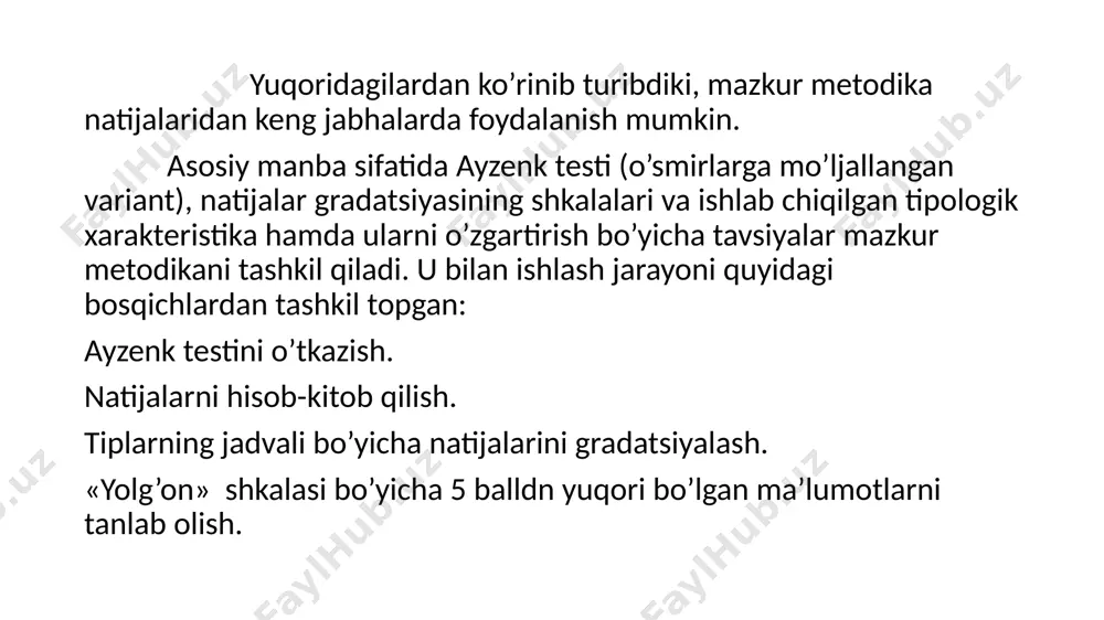 dan keyin uning tartib raqamini qo’ying va yoniga o’zingizning «ha» yoki «yo’q» javobingizni yozing (javob berish jarayonini tezroq va osonroq amalga oshirish uchun «ha» javobiga «+» plyus belgisini, «yo’q» javobiga «-» minus belgisini qo’yish mumkin). har bir savolga javobni uzoq o’ylamay tez javob bering. sizning birinchi paydo bo’lgan hissiyotingiz muhim, shu sababli miyangiga kelgan birinchi javobni bering. hech bir savoni javobsiz qoldirmang. bu yerda to’g’ri yoki noto’gi javoblar yo’q. bu sizning aqlingizni yoki qobiliyatlaringizni tekshirish uchun emas, balki sizning kundalik hayotdagi qandayligingizni aniqlashga qaratilgan savolnomadir. savollarga imkon qadar samimiy javob berishga harakat qiling. metodikada samimiy bo’lmagan (yolg’on) javoblarni aniqlash imkoni bo’lib, ularning miqdori ko’p bo’lsa siz o’z temperamentingizni aniqlay olmaysiz ». 2. test o’tkazish jarayoni: psixolog barcha guruh (sinfdagi) o’quvchilarga savollarni ovoz chiqarib o’qib beradi. o’ylashga vaqt bermagan holda savollar tez o’qib beriladi. barcha savollarni o’qib berish uchun eng ko’pi bilan 15 minut vaqt beriladi. bunda savollarni tushuntirish yoki shaklini …