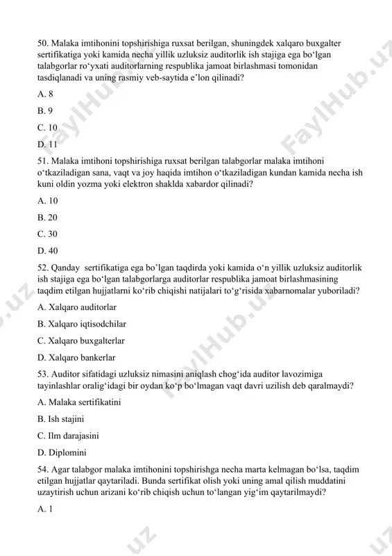 a ega bo‘lgan talabgorlarga auditorlar respublika jamoat birlashmasining taqdim etilgan hujjatlarni ko‘rib chiqishi natijalari to‘g‘risida xabarnomalar yuboriladi? a. xalqaro auditorlar b. xalqaro iqtisodchilar c. xalqaro buxgalterlar d. xalqaro bankerlar 53. auditor sifatidagi uzluksiz nimasini aniqlash chog‘ida auditor lavozimiga tayinlashlar oralig‘idagi bir oydan ko‘p bo‘lmagan vaqt davri uzilish deb qaralmaydi? a. malaka sertifikatini b. ish stajini c. ilm darajasini d. diplomini 54. agar talabgor malaka imtihonini topshirishga necha marta kelmagan bo‘lsa, taqdim etilgan hujjatlar qaytariladi. bunda sertifikat olish yoki uning amal qilish muddatini uzaytirish uchun arizani ko‘rib chiqish uchun to‘langan yig‘im qaytarilmaydi? a. 1 b. 2 c. 3 d. 4 55. malaka imtihonini topshirishiga ruxsat berish rad etilgan talabgor kamchiliklar bartaraf etilganidan keyin ariza bilan takroran murojaat qilishga haqli. kamchiliklar necha ish kuni ichida bartaraf etilganda arizani ko‘rib chiqqanlik uchun yig‘im undirilmaydi? a. 5 b. 10 c. 15 d. 7 56. sertifikatning amal qilishini tugatish uchun quyidagilardan qaysi biri asos bo‘lmaydi? …