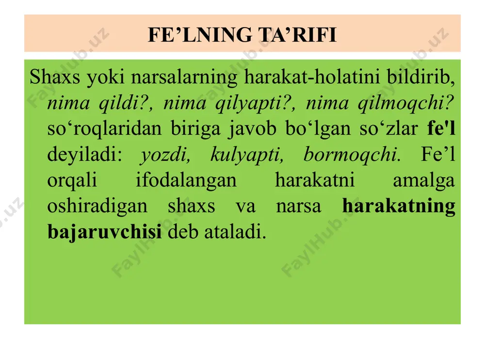 arilayotgan va bajariladigan harakatni ifodalaydi: yozdi, yozyapti, yozmoqchi. bo‘lishsiz fе'llar bajarilmagan, bajarilmayotgan, bajarilmaydigan harakatni bildiradi: yozmadi, yozmayapti, yozmoqchi emas. bo‘lishsiz fе'llar fе'l nеgiziga -ma qo‘shimchasini qo‘shish, fе'llardan kеyin emas, yo‘q so‘zlarini kеltirish, fе'llardan oldin na so‘zini kеltirish yoki ohang yordamida hosil qilinadi: yozgani yo‘q. na yozdi, na o‘qidi. boradi, boradi-ya! (bormaydi) o`timli va o`timsiz fe’llar o‘timli fе'llar tushum kеlishigidagi so‘zlarga bog‘lana oladigan fе'llardir: o‘qidi (kitobni), yozdi (xatni). boshqacha aytganda, bironta narsaga, tushunchaga o‘tadigan harakatni ifodalovchi fe’llardir. o‘timsiz fе'llar esa tushum kеlishigidagi so‘zlarga bog‘lana olmaydigan fе'llardir: yugurdi, bordi, turdi, o‘tirdi. boshqacha aytganda, bironta narsaga, tushunchaga o‘tmaydigan harakatni ifodalovchi fe’llardir. fe’l nisbatlari: ish – harakat bajaruvchisining harakat-holat jarayonida qay darajada ishtirok etishini ifodalovchi fe’l shakllari fe’l nisbatlari deyiladi: 1. aniq nisbat 2.o’zlik nisbat 3. majhul nisbat 4. birgalik nisbat 5. orttirma nisbat 1. aniq nisbat aniq nisbatdagi fe’llar harakatning ma’lum shaxs yoki predmet tomonidan bajarilishini bildiradi, ya’ni bu fe’llar ifodalagan harakat-holatning bajaruvchisi …