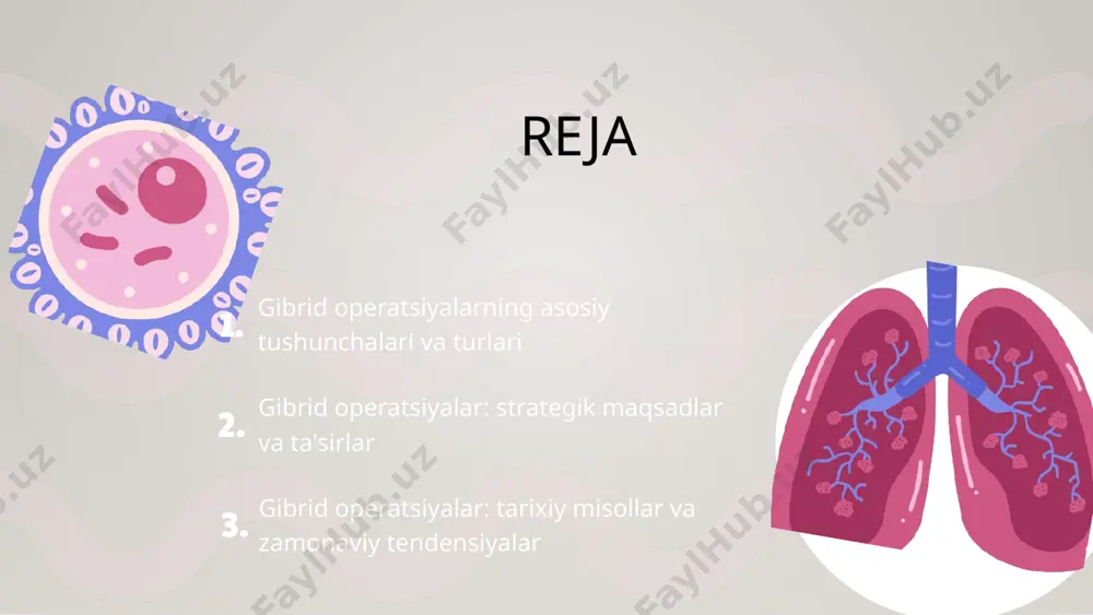 larni joriy etish imkoniyatini yaratishi mumkin. **siyosiy omillar**: gibrid operatsiyalar davlatlararo munosabatlar va harbiy strategiyalarni o'zgartirishda muhim ahamiyatga ega. ular siyosiy qarorlarni shakllantirish va diplomatik aloqalarni kuchaytirishda rol o'ynaydi. **ijtimoiy omillar**: gibrid operatsiyalar jamiyatdagi o'zgarishlarga ta'sir ko'rsatadi va fuqarolar orasida birlashuvni kuchaytirishi mumkin. bu jarayon ijtimoiy ishtirokni oshirish va madaniy aloqalarni rivojlantirish imkoniyatlarini yaratadi. gibrid operatsiyalarning kelajagi **tendensiyalar**: gibrid operatsiyalar kelajagi yangi tendensiyalar bilan shakllanmoqda. texnologik rivojlanish, kiber hujumlar va global siyosiy o'zgarishlar gibrid usullarni qo'llashda innovatsion yondashuvlarni talab qiladi. **strategiyalar**: gibrid operatsiyalarga qarshi strategiyalar ishlab chiqishda ko'p qirrali yondashuvlar muhimdir. axborot xavfsizligini ta'minlash, ta'lim va treninglarni kuchaytirish, hamda xalqaro hamkorlikni rivojlantirish zarur. **natijalar**: gibrid operatsiyalarning uzoq muddatli natijalari ijtimoiy va iqtisodiy o'zgarishlarni keltirib chiqarishi mumkin. bular orasida davlatlararo munosabatlarning o'zgarishi, xavfsizlik siyosatining yangilanishi va jamiyatda ishonchni kuchaytirish zarurati mavjud. gibrid operatsiyalar tarixi tarixiy kontekst gibrid operatsiyalar tarixda urush va iqtisodiy strategiyalar doirasida paydo bo'lgan. ular an'anaviy va zamonaviy usullarni …