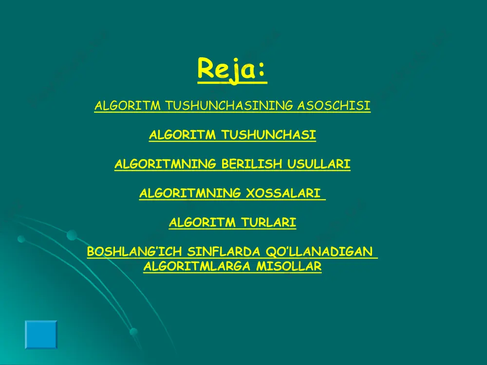 kki, vergul tagiga vergul to’g’ri kelsin; natural sonlarni qo’shganday qilib qo’shish amalini bajarish kerak; xosil bo’lgan yig’indida vergulni qo’shiluvchilardagi vergul tagiga qo’yish kerak. endi algoritmning xarakteristik xossasini bajarishga e’tiborimizni qaratamiz. qoidani so’z bilan ifodalanishida har bir qadam aniq belgilangan, har bir bajarilishi lozim operatsiya bilan o’quvchilar tanish, bajariladigan amallar elementar. shuning uchun ushbu qoida elementarlik, diskretlilik, aniq ifodalanganlik xossalariga egadir. ushbu qoida ommaviylik xossasiga ham bo’ysunadi. ya’ni ushbu qoidaga asosan ixtiyoriy ikkita o’nli kasrlarni qo’shish amalini bajarish mumkin. ushbu qoidani natijaviyligi esa, ikki o’nli kasrlarni qo’shib albatta natija xosil qilamiz. demak, ikki o’nli kasrni qo’shish qoidasi algoritmning barcha xarakteristik xossalariga bo’ysinadi, demak uni algoritm desak bo’ladi. tarixiy ma’lumot o’n beshinchi asrda mirzo ulug’bekning mashhur rasadxonasida ishlagan olim giyosiddin jamshid al-koshiy birinchi bo’lib o’nli kasrlarni kashf etgan.evropada esa undan 175 yil keyin simon stevin bunday sonlarni topdi. algoritm chiziqli tarmoqlanuvchi takrorlanuvchi chiziqli algoritm -dеb hеch qanday shartsiz faqat kеtma-kеt bajariladigan jarayonlarga …