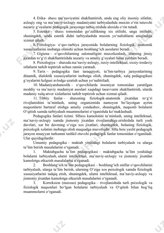 yurtmani bajarish asosida jamiyat taraqqiyotini ta’minlashga aloxida xissa qo‘shadi. pedagogika fani maqsadi va vazifalarining belgilanishida ijtimoiy munosabatlar mazmuni, davlat va jamiyat qurilishi, uning xayotida etakchi o‘rin tutuvchi g‘oyalar moxiyatini muxim axamiyatga ega.o‘zbekiston respublikasida demokratik, insonparvar xamda xuquqiy jamiyatni barpo etish sharoitida mazkur fan yuksak ma’naviy va axloqiy talablarga javob beruvchi yuqori malakali kadrni tarbiyalash tizimini ishlab chiqish, milliy istiqlol g‘oyasi asosida ta’lim va tarbiya nazariyasini ijodiy rivojlantirish vazifasini xal etadi. mazkur jarayonda quyidagi vazifalarni bajarishga e’tibor qaratiladi: 1. ma’naviy va axloqiy talabalarga javob beruvchi yuqori malakali kadrni tarbiyalashga yo‘naltirilgan pedagogik jarayonning moxiyatini o‘rganish. 2. shaxsni xar tomonlama kamol toptirish qonuniyatlarini aniqlash. 3. ijtimoiy taraqqiyot darajasidan kelib chiqqan xolda rivojlangan xorijiy mamlakatlar ta’lim tizimi tajribasini o‘rganish asosida uzluksiz ta’lim tizimini takomillashtirish. 4. ta’lim muassasalari xamda ularda faoliyat olib borayotgan pedagoglar faoliyati mazmunini asoslash. 5. ilg‘or pedagogik tajribalarni umumlashtirish va amaliyotga joriy etish. 6. pedagoglarni pedagogika nazariyasiga oid bilimlar xamda ta’lim-tarbiya usullari …