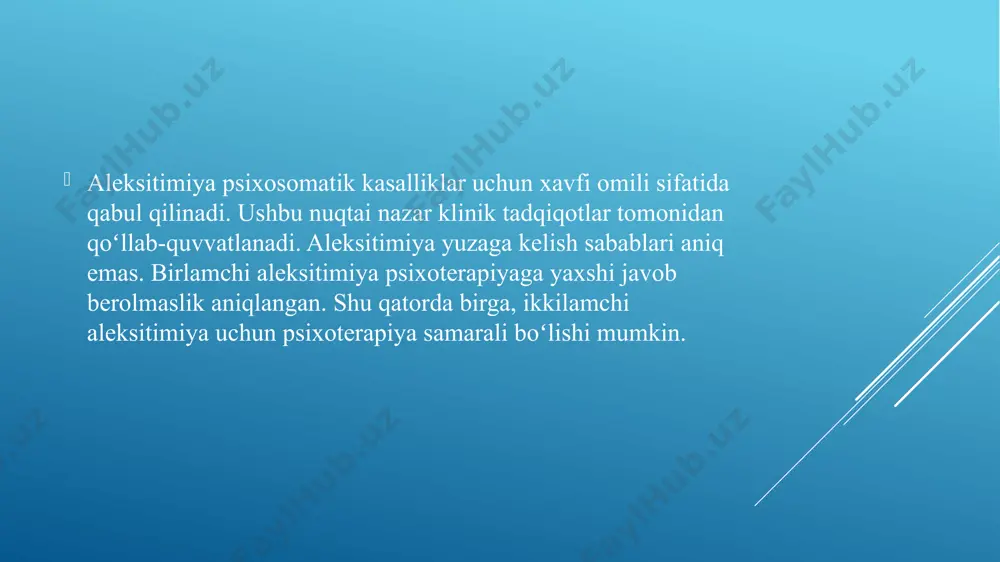 iya yoki tashvish bo'lsa, ba'zi dori-darmonlarni qabul qilish aleksitimiya kabi ruhiy salomatlik belgilari bilan ham yordam berishi mumkin. terapiyalar ham ushbu holat uchun foydali bo'lishi mumkin. ushbu muammoni hal qilishda eng samarali bo'lganlar quyidagilardir: kognitiv xulq-atvor terapiyasi (cbt) guruh terapiyasi psixoterapiya yoki nutq terapiyasi hissiy tan olish yo'lidagi birinchi muhim qadam - bu o'zingizning fiziologik javoblaringizdan xabardor bo'lishni boshlashdir. masalan, muayyan vaziyatlarda yurak tezligidagi o'zgarishlarni tan olish. bu ta'sirlangan odamga turli xil his-tuyg'ularni farqlashiga yordam beradi. shuni ham ta'kidlash kerakki, salbiy his-tuyg'ular ijobiy his-tuyg'ular kabi muhimdir. ushbu his-tuyg'ularni aniqlash va ular bilan ishlashni o'rganish insonga yanada to'liq hayot kechirishga yordam beradi. foydalanilgan adabiyotlar: 1. karvasarskiy b. d. „klinik psixologiya“ 2. nikolaeva v. v. aleksitimiyaning psixologik tabiati haqida. 3. garanyan n. g. aleksitimiya tushunchasi / n. g. garanyan, a. b. xolmogorova // ijtimoiy va klinik psixiatriya jurnali. – 2003 yil. /docprops/thumbnail.jpeg