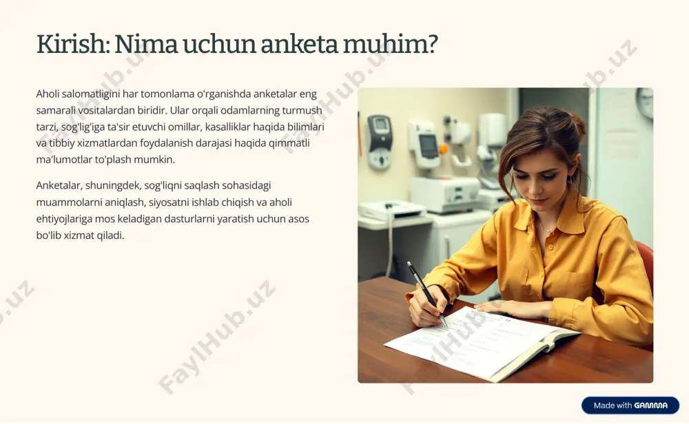 r ma'lumotlarning sifati va ishonchliligiga salbiy ta'sir ko'rsatishi mumkin. ikki tomonlama savollar bitta savolda ikki xil savol berishdan qoching (masalan, "siz sog'lom ovqatlanasizmi va muntazam jismoniy mashq qilasizmi?"). yetarli bo'lmagan javob variantlari yopiq savollar uchun barcha mumkin bo'lgan javob variantlarini taqdim eting, jumladan "boshqa" yoki "qiyin javob berish". etakchi savollar respondentni ma'lum bir javobga undaydigan savollardan saqlaning. uzun anketalar anketa juda uzun bo'lsa, respondentlar charchab, oxiriga yetkazmasliklari yoki e'tiborsizlik bilan javob berishlari mumkin. https://gamma.app/?utm_source=made-with-gamma namuna olish usullari va anketani tarqatish strategiyalari anketa ma'lumotlarining reprezentativligi va ishonchliligini ta'minlash uchun to'g'ri namuna olish usulini tanlash va anketani samarali tarqatish muhimdir. 01 tasodifiy namuna olish aholining har bir a'zosi tanlovga tushish imkoniyatiga ega bo'lishi kerak. bu, natijalarning umumiy aholiga nisbatan ishonchliligini oshiradi. 02 qatlamli namuna olish aholi ma'lum guruhlarga bo'linadi (yosh, jins, hudud) va har bir guruhdan tasodifiy namunalar olinadi. 03 qulay namuna olish mavjud va oson erishish mumkin bo'lgan respondentlar bilan ishlash. …