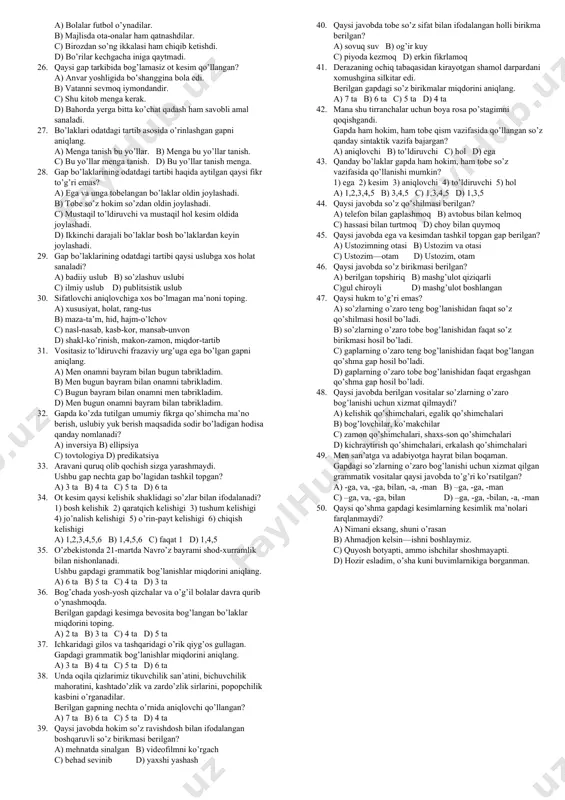 etmagan gapni toping. a) aqlli o’zini ayblar, aqlsiz—do’stini. b) o’lmas noxushlik bilan qovun pallasidagi non quyuqlariga qaradi. c) yaqlov bilan anqov—dushman uchun katta ov. d) oyni etak bilan yopib bo’lmaydi. 10. qaysi gapda holning tuzilishiga ko’ra har ikki turi qo’llangan? a) tursunali bir-bir bosib minbarga chiqdi, dona-dona gapirdi. b) tiniq suvdan hovuch-hovuch oldi, qonib-qonib ichdi. c) hammani kuldirish uchun ataylab shunaqa antiqa kiyindi. d) to’g’ri yursang, murodingga oson yetarsan. 11. holning ma’nosiga ko’ra qaysi turi –lik, -siz+lik qo’shimchali otlarga chiqish kelishigi shaklini qo’shish bilan ifodalanadi? a) daraja-miqdor holi b) ravish holi c) maqsad holi d) sabab holi 12. holning ma’nosiga ko’ra qaysi turi fe’lning harakat nomi shakllariga jo’nalish kelishigi qo’shimchasini qo’shish bilan ifodalanadi? a) o’rin holi b) payt holi c) maqsad holi d) sabab holi 13. hol hollanmishga qanday usullar bilan bog’lanadi? 1) moslashuv 2) boshqaruv 3) bitishuv a) 1,2 b) 1,3 c) 2,3 d) 1,2,3 14. to’ldiruvchi to’ldirilmishga qanday …