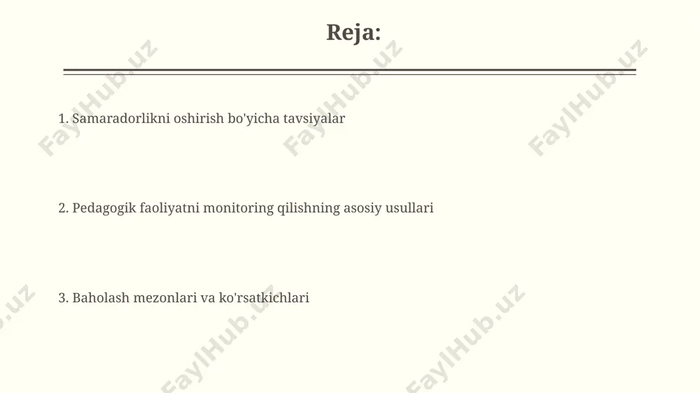 yuqori natija ko'rsatgan bo'lsa, bu pedagogik faoliyatning yuqori samaradorligini ko'rsatadi. samaradorlikni aniqlashda, buxoro shahridagi 100 nafar o'quvchidan olingan so'rovnoma natijalari shuni ko'rsatdiki, o'quv jarayoniga 60% qatnashchilarning qiziqishi ortgan, bu sifat ko'rsatkichini baholashning muhim usuli hisoblanadi. o'qituvchilarning pedagogik faoliyatini baholash samarqand viloyatining 3 ta tumanidagi 100 nafar o'qituvchining pedagogik faoliyatini baholashda, dars ishlanmalari sifati va o'quvchilar bilan ishlash uslublarining 70% i yuqori baholandi. farg'ona shahridagi pedagogika kolleji bitiruvchilarining amaliyot davrida kuzatilgan 25 ta darsning tahlili natijasida, yangi texnologiyalarni qo'llaganlarning 80% i samarali natijalarga erishgan. monitoring va baholashning maqsadlari va vazifalari monitoring orqali kamida 150 nafar o‘qituvchining dars berish uslubi va pedagogik mahoratini kuzatib, samarqand viloyati maktablarida qo‘llaniladigan 7 ta yangi pedagogik texnologiyaning ta’sirini baholash mumkin. baholash jarayoni, 3 ta bosqichda (rejalashtirish, kuzatish, tahlil) amalga oshirilib, qoraqalpog‘iston respublikasidagi 10 ta maktabda sinovdan o‘tkazildi va natijalar ta’lim sifatini oshirishga yo‘naltirildi. o'quvchilarning bilim va ko'nikmalarini baholash farg'ona viloyatidagi maktablarda o'tkazilgan anketa so'rovlari shuni ko'rsatdiki, …