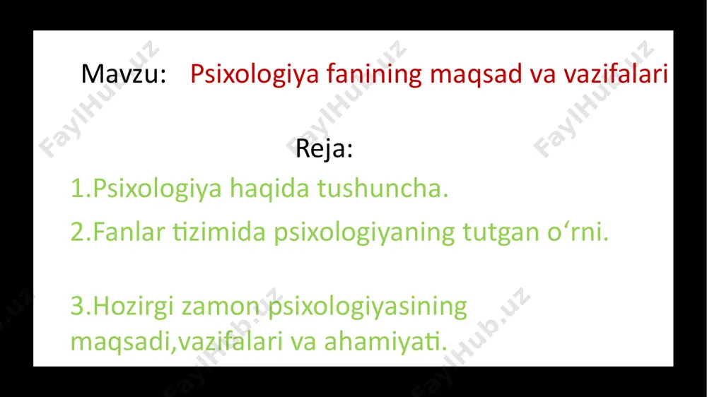point of view. enter title psixologiya va falsafa yordam beradi. hayot psixologiya zimmasiga murakkab nazariy va amaliy vazifalarini yuklaydi.psixologiya ning asosiy nazariy vazifasi psixi xik faoliyatning mohiyatini,uning sodir bo‘lishi va rivojlanishi qonu niyatlarini tushuntirishdan iborat. insonning barcha hayoti va faoli yati jarayonida uning psixikasini o‘rganish,boshqarish psixologiyaning amaliy vazifa hisoblanadi.bu vazifalarni hal etish, asosiy ma‘lumotni to‘plash va umumiy nazariyani boyitish davrida psixologiyada bir qancha mustaqil sohalar ajralib chiqdi. psixik jarayonlar insonning sezgisi, idroki,xotirasi,tafakkuri,nutqi, xayoli,diqqati va irodasi psixik jarayonlar deb ataladi. sezgi-odamning tegishli sezgi organlariga moddiy olamdagi narsa va hodisalar ta‘sir ko‘rsatgan paytda ulardagi ayrim xossalarning aks ettirilishidan iborat bo‘lgan eng sodda psixik jarayondir. idrok-ayni choqda sezgi organlariga ta‘sir etib turgan narsa va hodisalarning aks ettirilishidir. 标题内容 tasavvur-biz ilgari qilgan narsa va hodisa lar obrazini ayni choq- da fikran qayta tiklashi- mizdir. tafakkur-fakt va hodisalarni mavhum-lashtirgan, umumlash-t tirgan holda va vositali ravishda aks ettirishdan,ular o‘rtasiga aloqani aniqlashdan iborat jarayondir. psixologiya boshqa fanlardan …