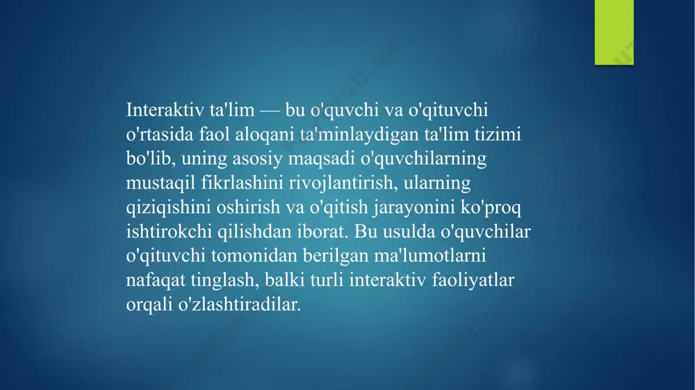 arning shaxsiy tajribalari va ehtiyojlari ta'lim jarayonida inobatga olinadi. 7. muammoli vazifalar va kreativ fikrlashni rivojlantirish interaktiv ta'limda o‘quvchilar turli muammolarni hal qilishga undaladi. bunday yondashuv analitik fikrlashni rivojlantiradi, o‘quvchilarni o‘z bilimlarini amaliyotda qo‘llashga va kreativ fikrlashga rag‘batlantiradi. 8. motivatsiyani oshirish o‘quvchilar uchun interaktiv faoliyatlar (mashqlar, o‘yinlar, rolli o‘yinlar va boshqalar) qiziqarli bo‘lib, ularni o‘rganishga rag‘batlantiradi. interaktiv yondashuvlar o‘quvchilarning motivatsiyasini oshiradi, chunki ular o‘rganish jarayonini ko‘proq qiziqarli va foydali deb his qiladilar. interaktiv ta'limning asosiy o‘ziga xos xususiyatlari o‘quvchilarning faol ishtirokini ta'minlash, o‘qituvchi va o‘quvchi o‘rtasida samarali muloqot yaratish, texnologiyalarni qo‘llash va o‘quvchilarning mustaqil fikrlashini rivojlantirishga qaratilgan. bu yondashuv nafaqat ta'lim sifatini oshiradi, balki o‘quvchilarning shaxsiy va jamoaviy ko‘nikmalarini rivojlantirishga yordam beradi interaktiv ta'limning metod va usullari o'quvchilarning faol ishtirokini ta'minlash, ular bilan samarali muloqot o'rnatish va bilimlarni amaliyotda qo'llashga qaratilgan yondashuvlardir. bu metodlar va usullar ta'lim jarayonini dinamik va qiziqarli qilish, o'quvchilarning kritikal fikrlash ko'nikmalarini rivojlantirishga yordam beradi. quyida …