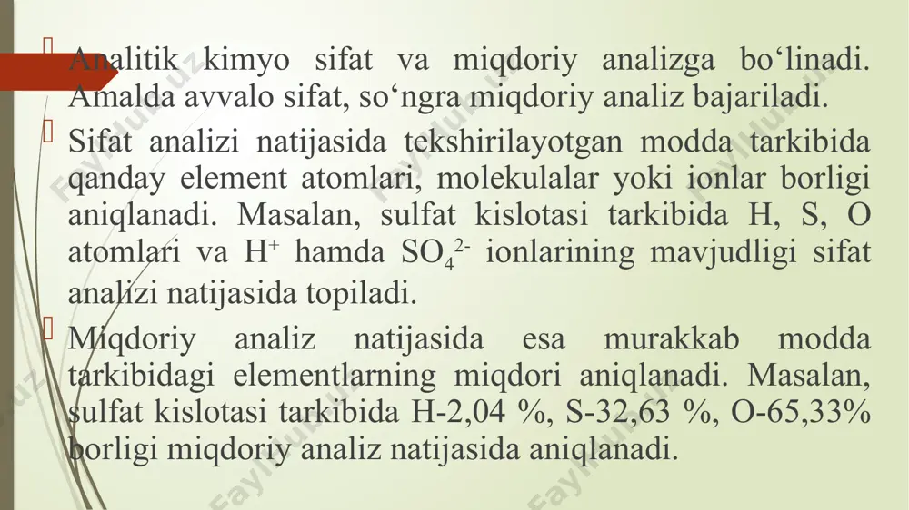 tchi (kimyogar-analitik) va analitikamaliyotchi (kimyogar-laborant)tushunchalari mavjud. analitik-tadqiqotchining vazifasi eng avvalo analiz usullarini ishlab chiqish, takomillashtirish va nazariy asoslashdan iborat. u kimyoviy analiz vositalarini (asosan asboblarini) o‘ylab topadi va konstruksiyasini ishlab chiqadi, analitik reagentlar va standart namunalarni yaratadi. eng muhimi analitik tadqiqotchi turli ob’yektlar tarkibi va tuzilishini aniqlash metodikasini ishlab chiqaradi. analitik amaliyotchi tayyor metodika bo‘yicha bir-biridan farq qiluvchi turli analizlarni yoki farq qilmaydigan bir xil moddani yalpi analizlarini bajaradi. analiz metodikasini ishlab chiqadigan tadqiqotchi analitikningo‘zi har qanday analizni bajara oluvchi mutaxassis bo‘lishi kerak, aks holda uning yaratgan metodikasi ko‘pchilik holda yaroqsiz bo‘ladi. analitik kimyoning birinchi usullari alkimyogarlar tomonidan yaratilgan bo‘lib, ular moddalarni sifat jihatdan aniqlashda qo‘llanilgan. miqdoriy analiz qadimda "tekshirish san’ati" deb atalgan va uning yordamida oltin, kumush singari metallarning tozaligi aniqlangan. analitik kimyo fan sifatida xvii asrning o‘rtalarida r.boylfanga kimyoviy element haqidagi tushunchani kiritganidan boshlab rivojlana boshladi. u birinchi marta kislota va asoslarni aniqlashda “indikatorlar”dan foydalandi. r. boyl bu …