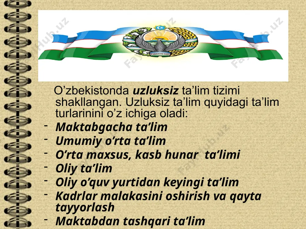 bgacha tarbiya bolalar muassasalarida hamda oilalarda amalga oshiriladi. uning maqsad – vazifalarini ro’yobga chiqarishda mahallalar, jamoat va hayriya tashkilotlari, halqaro fondlar ishtirok etishi mumkin. umumiy o’rta ta’lim – bu to’qqiz yillik (i – ix sinflar) o’qitishdan iborat bo’lgan umumiy o’rta ta’lim – majburiy ta’limdir. bunda ta’lim oluvchilarning fanlar asoslari bo’yicha muntazam bilim olishlarini, ularda bilim o’zlashtirish ehtiyojlarini, asosiy o’quv – ilmiy va umummadaniy bilimlarini, milliy va umumbashariy qadriyatlarga asoslangan ma’naviy – ahloqiy fazilatlarni, mehnat ko’nikmalarini, ijodiy fikrlash va atrof – muhitga ongli munosabatda bo’lishni va kasb tanlashni shakllantiradi. o’rta umumta’lim – uzluksiz majburiy ta’lim bo’lib, unda quyidagi muammolar hal bo’ladi: fanlar asoslari bo’yicha uzluksiz bilim beriladi; mehnat ko’nikmalari shakllanadi; ijodiy fikrlash va atrof muhitga ongli munosabatda bo’lishi o’rgatiladi; kasb tanlash shakllanadi. umumiy o’rta ta’limning dastlabki bosqichi boshlang’ich ta’lim deb nomlanadi. boshlang’ich ta’lim – umumiy o’rta ta’limning dastlabki bosqichi. o’zbekiston respublikasida boshlang’ich ta’lim 1 – 4 sinflarda bolalarga ilk ta’lim berish, …