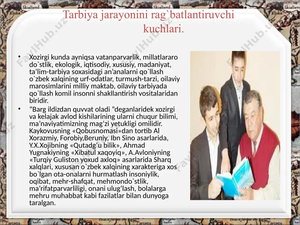 ini tarbiyalash elementlari bog‘cha yoshidayoq ko`rinadi (to`g‘ri so`zlash, gigiyena qoidalariga rioya qilish, kun tartibini saqlash...) o`quvchilar o`z-o`zini tarbiyalash rejsini tuzishdan avval o`z xulq atvori va xarakterining qaysi tomonlarini qaysi tomonlari ustida ishlash lozim bo`lsa, anna shu tomonlarini o`qituvchi yordamida aniqlab olishi lozim. o`z-o`zini tarbiyalash metodlari: shaxsiy majburiyatlar, o`z ishi haqida hisobot, o`z xatti-xarakatlarini taxlil qilish, o`z-o`zini nazorat qilish, o`z-o`ziga baho berish. tarbiya o`z o`zini tarbiyalash va qayta tarbiyalsh. tarbiya metodlaridan unumli foydalanish shuningdek o`qituvchilarning pedagogik maxoratiga, o`quvchilar psixologiyasini yahshi bilishiga, bola yashayotgan qonqret pedagogik vaziyatning tabiati bilan qanchalik hisoblashishiga ham bog‘liq. image2.jpeg image3.jpeg image4.jpeg image5.jpeg image6.jpeg image7.jpeg image8.jpeg image9.jpeg image1.jpeg