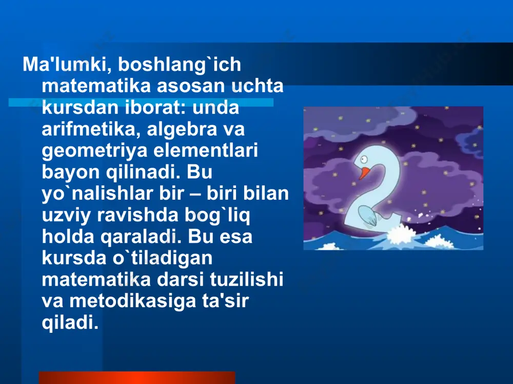 ri: 1. murakkab dars. 2. yangi matеrialni o`rganish darsi. 3. bilim, malaka va ko`nikmalarni mustahkamlash darsi. 4. takrorlash – umumlashtirish darslari. 5. bilim, malaka va ko`nikmalarni nazorat qilish darsi. 6. muammoli dars. 7. andozasiz dars. hozirgi zamon o`qituvchisi o`zida yuqori profеssional pеdagogik madaniyatni, dеmokratik kеlajkni ko`ra bilish sifatlarini mujassamlashtirish; o`zi o`qitadigan fanning so`nggi yutuqlarini, pеdagogik va mеtodik nazariyani yaxshi bilish; psixologiya ma'lumotlariga asoslanishi; o`quvchilarning aqliy va axloqiy rivojlanishi usullarini izlashi kеrak. dars samaradorligi o`quv matеrialining mazmuni bilan uni o`qitish mеtodlari bilan o`quvchilarning faoliyatlari orasidagi bog`lanishlarning darajasiga bog`liq, shuningdеk, dars alohida qismlarning o`zaro bog`liqligini qanday amalga oshirilishiga, o`quvchilarning nazariy va mеtodik tayyorgarligiga bog`liq. 1. murakkab darslar - boshlang`ich sinflarda eng ko`p o`tiladi. tuzilishi: 1. uy vazifasini tеkshirish. 2. maxsus og`zaki mashqlar. 3. o`quvchilar oldiga dars maqsadini qo`yish. 4. yangi matеrialni idrok qilishga tayyorlash. 5. yangi matеrialni o`rganish. 6. yangi matеrialni mustahkamlash. 7. o`tilganlarni takrorlash. 8. darsni yakunlash va uyga vazifa bеrish. …